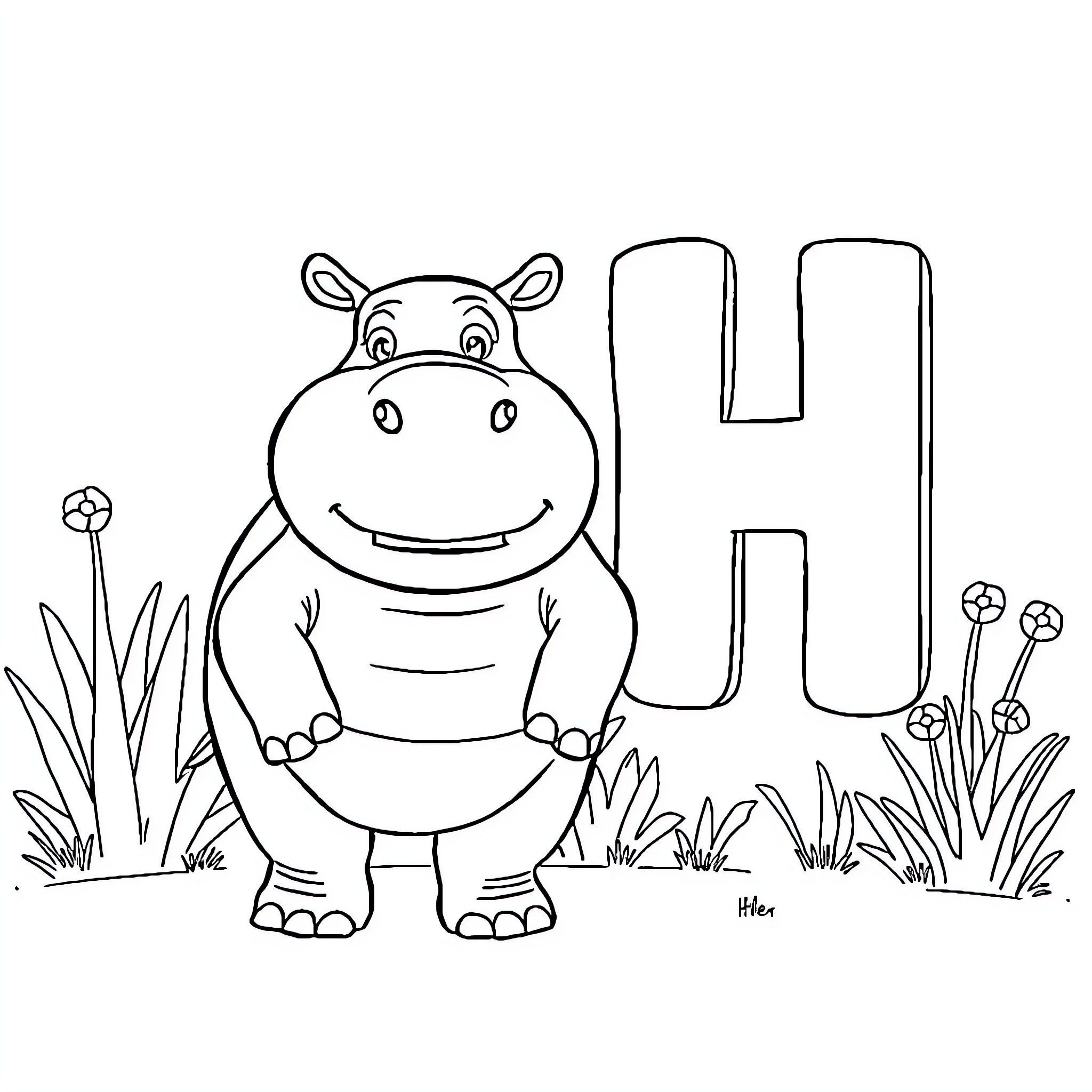 Hippo enjoying the outdoors in nature Coloring Page (free black-and-white line drawing printable PDF for all, from beginners to advanced learners, including children, teens, adults, and seniors)