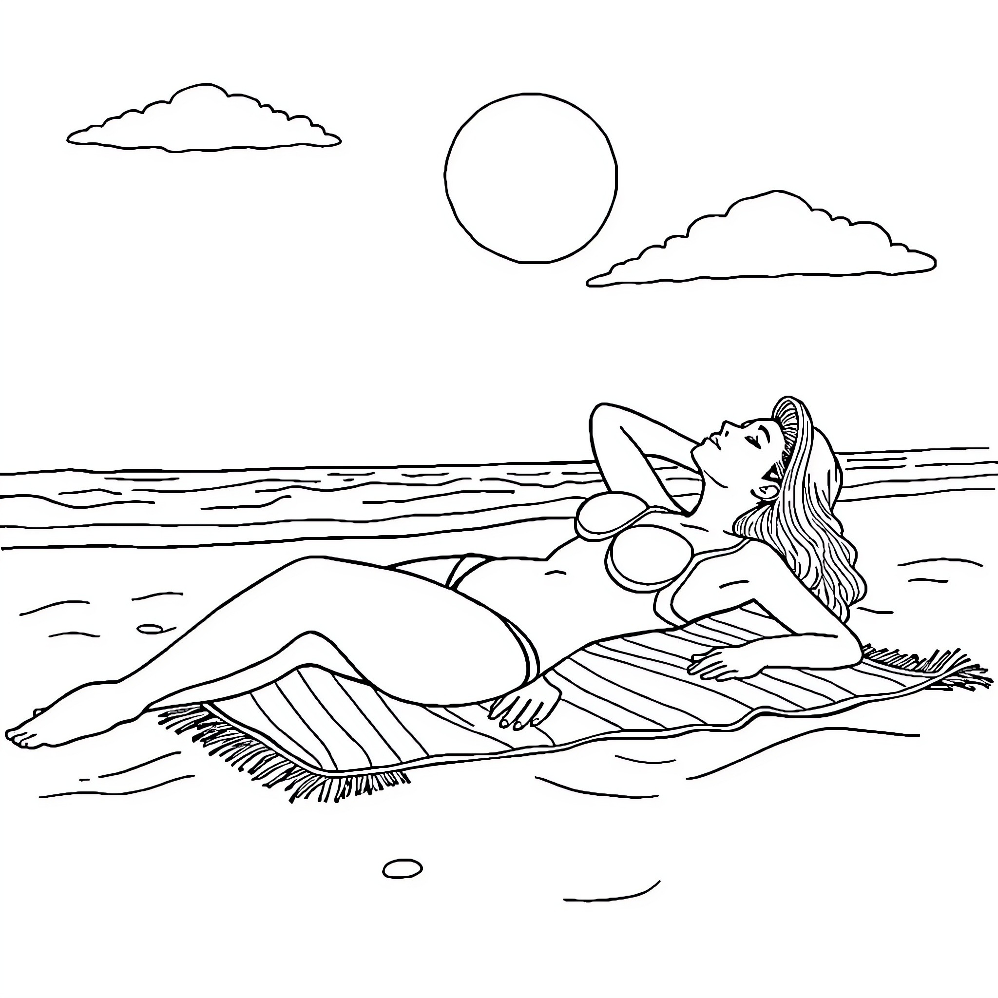 Woman relaxing on the beach Coloring Page (free black-and-white line drawing printable PDF for all, from beginners to advanced learners, including children, teens, adults, and seniors)