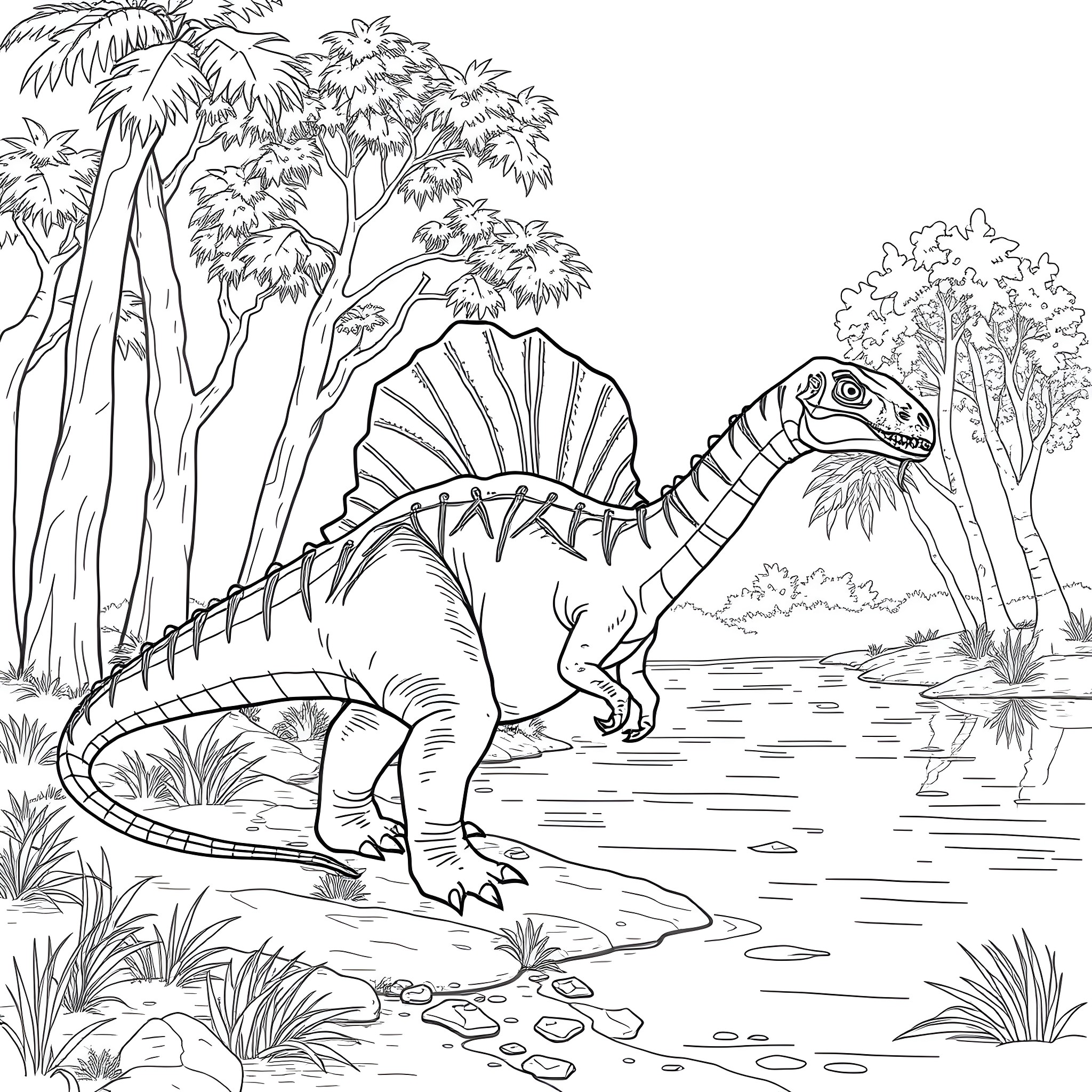 Spinosaur exploring lush prehistoric landscape Coloring Page (free black-and-white line drawing printable PDF for all, from beginners to advanced learners, including children, teens, adults, and seniors)