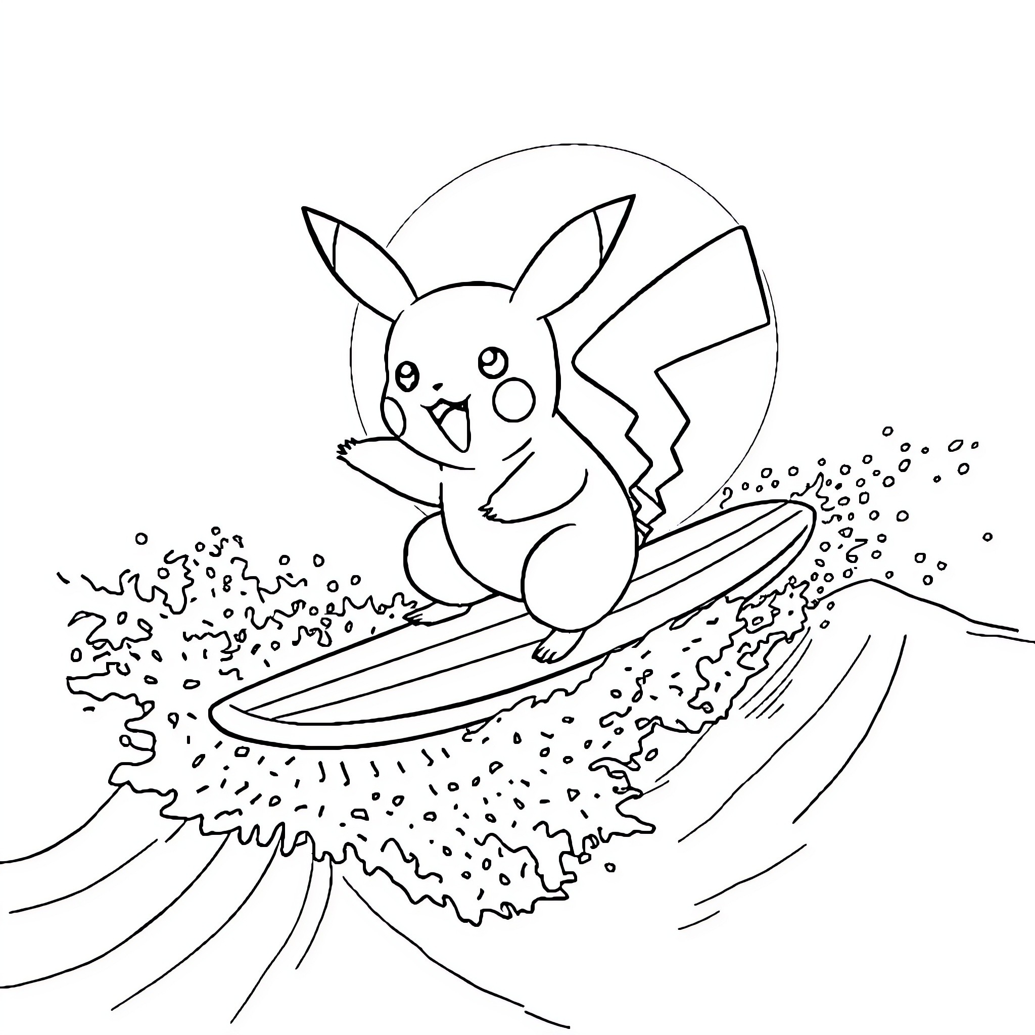 Pikachu riding a surfboard on a wave Coloring Page (free black-and-white line drawing printable PDF for all, from beginners to advanced learners, including children, teens, adults, and seniors)