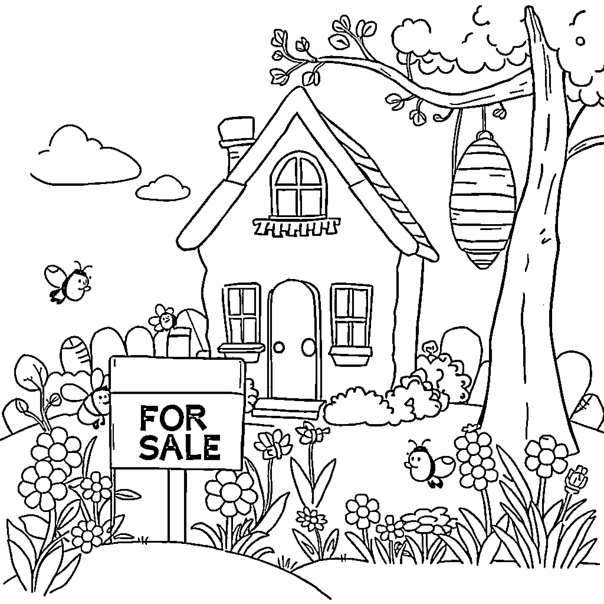 House for Sale in Quaint Countryside Scene Coloring Page (free black-and-white line drawing printable PDF for all, from beginners to advanced learners, including children, teens, adults, and seniors)