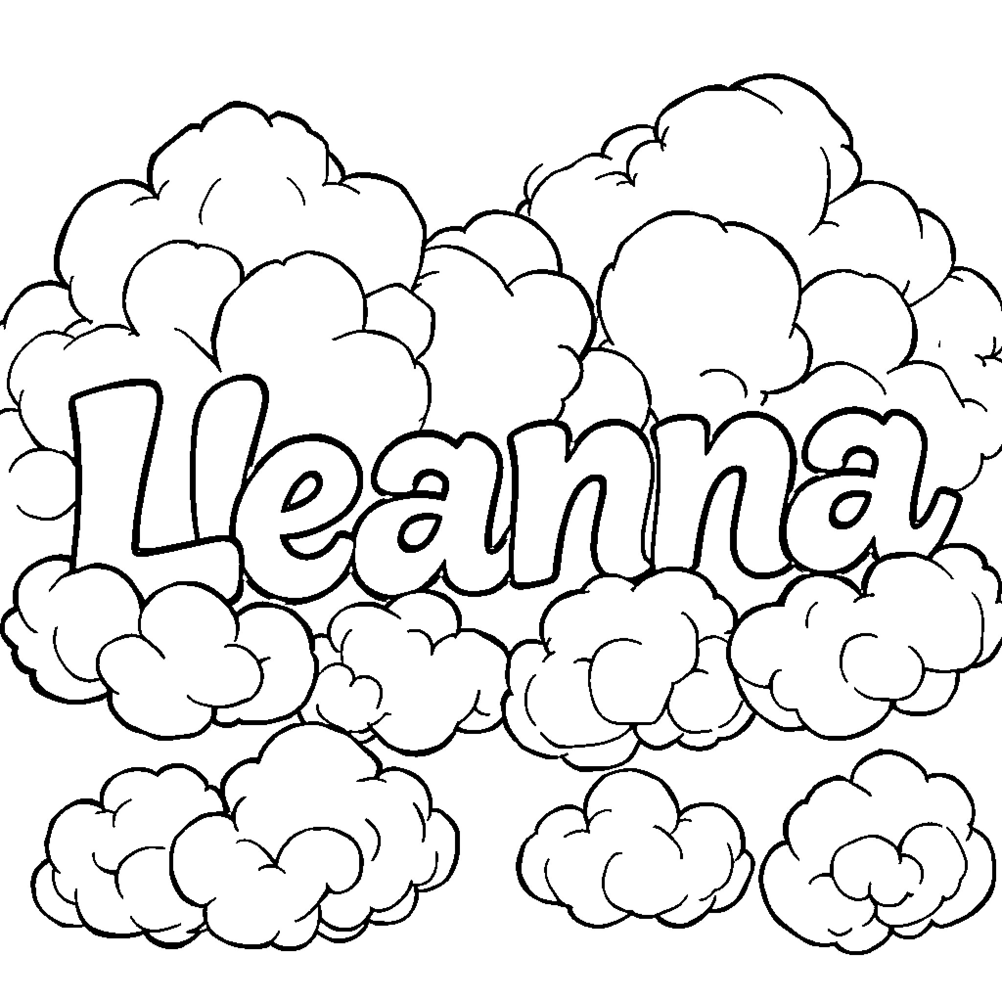 Leanna's whimsical cloud-filled drawing Coloring Page (free black-and-white line drawing printable PDF for all, from beginners to advanced learners, including children, teens, adults, and seniors)