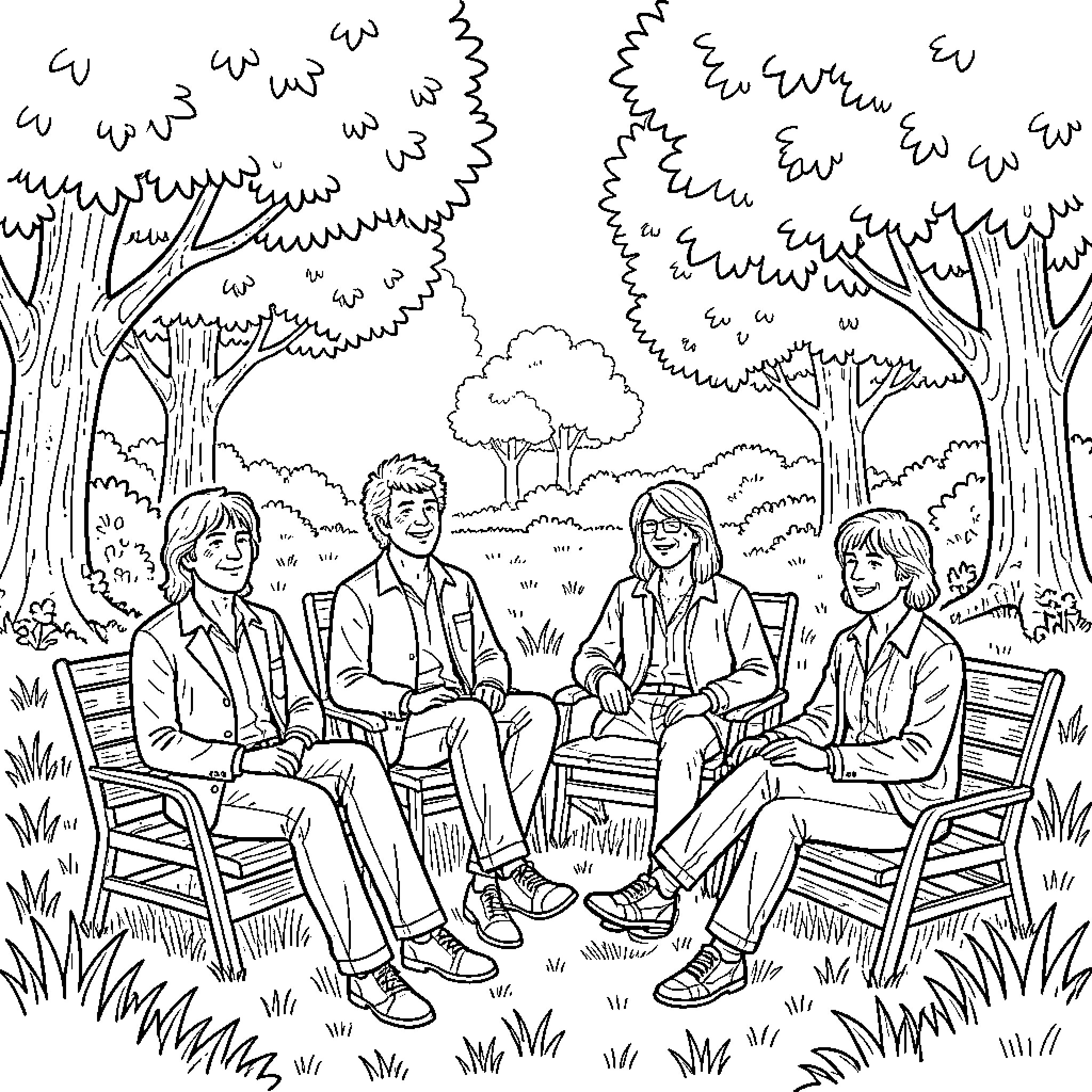 Pink Floyd band members sitting together in a park Coloring Page (free black-and-white line drawing printable PDF for all, from beginners to advanced learners, including children, teens, adults, and seniors)