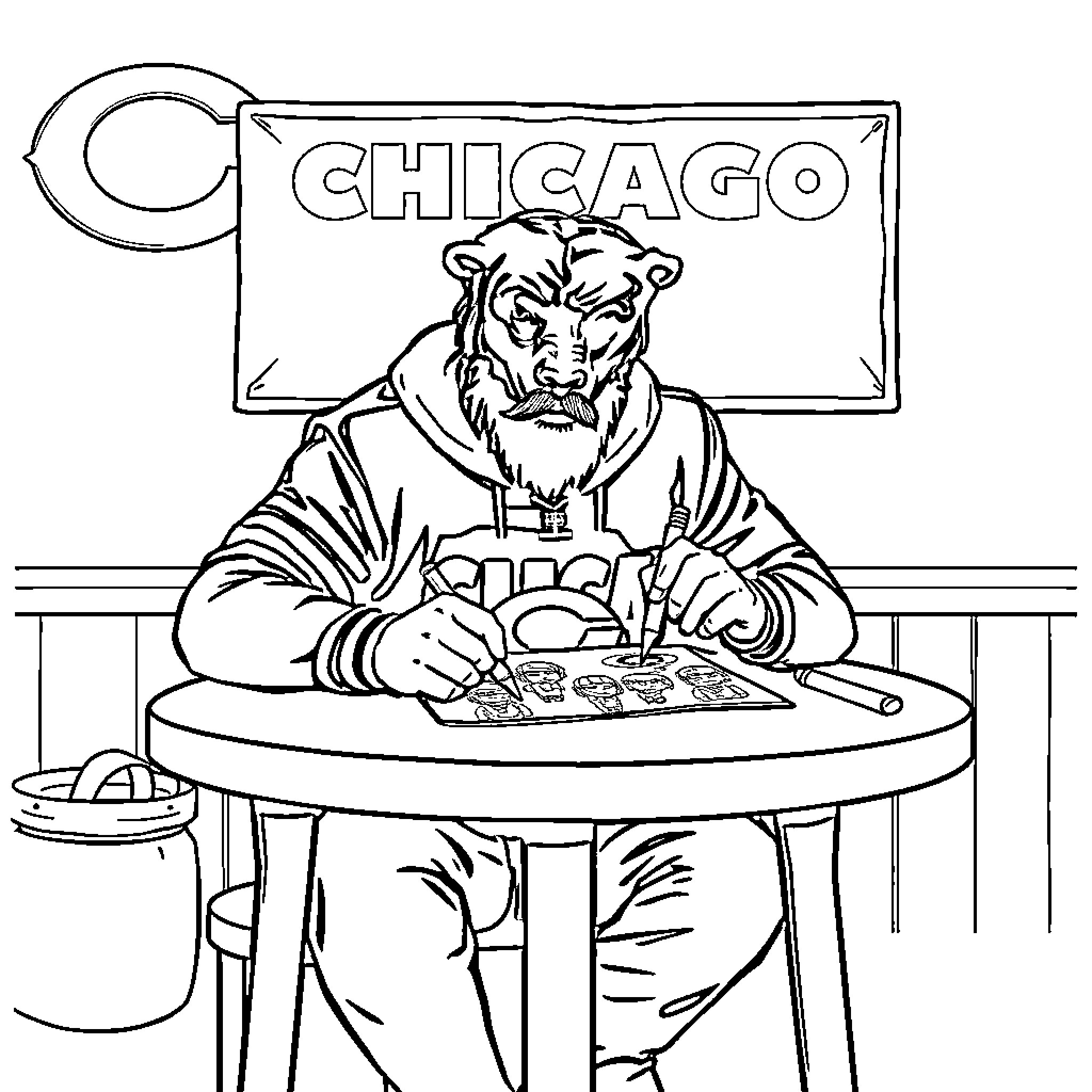 Chicago Bears Fan Eating at a Diner Coloring Page (free black-and-white line drawing printable PDF for all, from beginners to advanced learners, including children, teens, adults, and seniors)