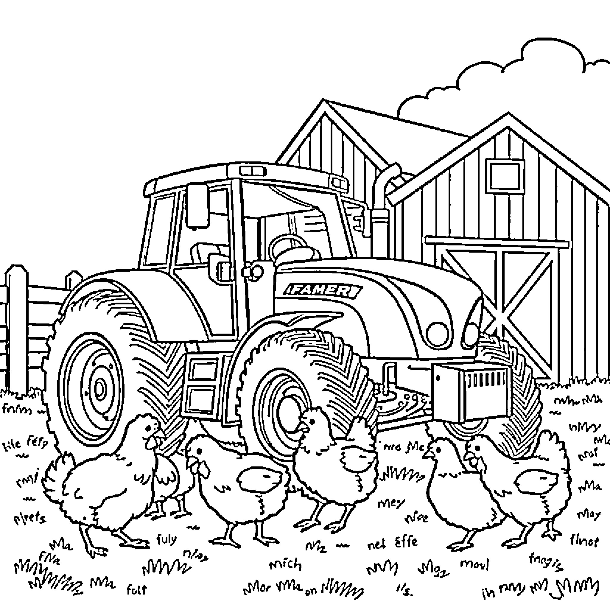 Tractor working on a farm with chickens Coloring Page (free black-and-white line drawing printable PDF for all, from beginners to advanced learners, including children, teens, adults, and seniors)