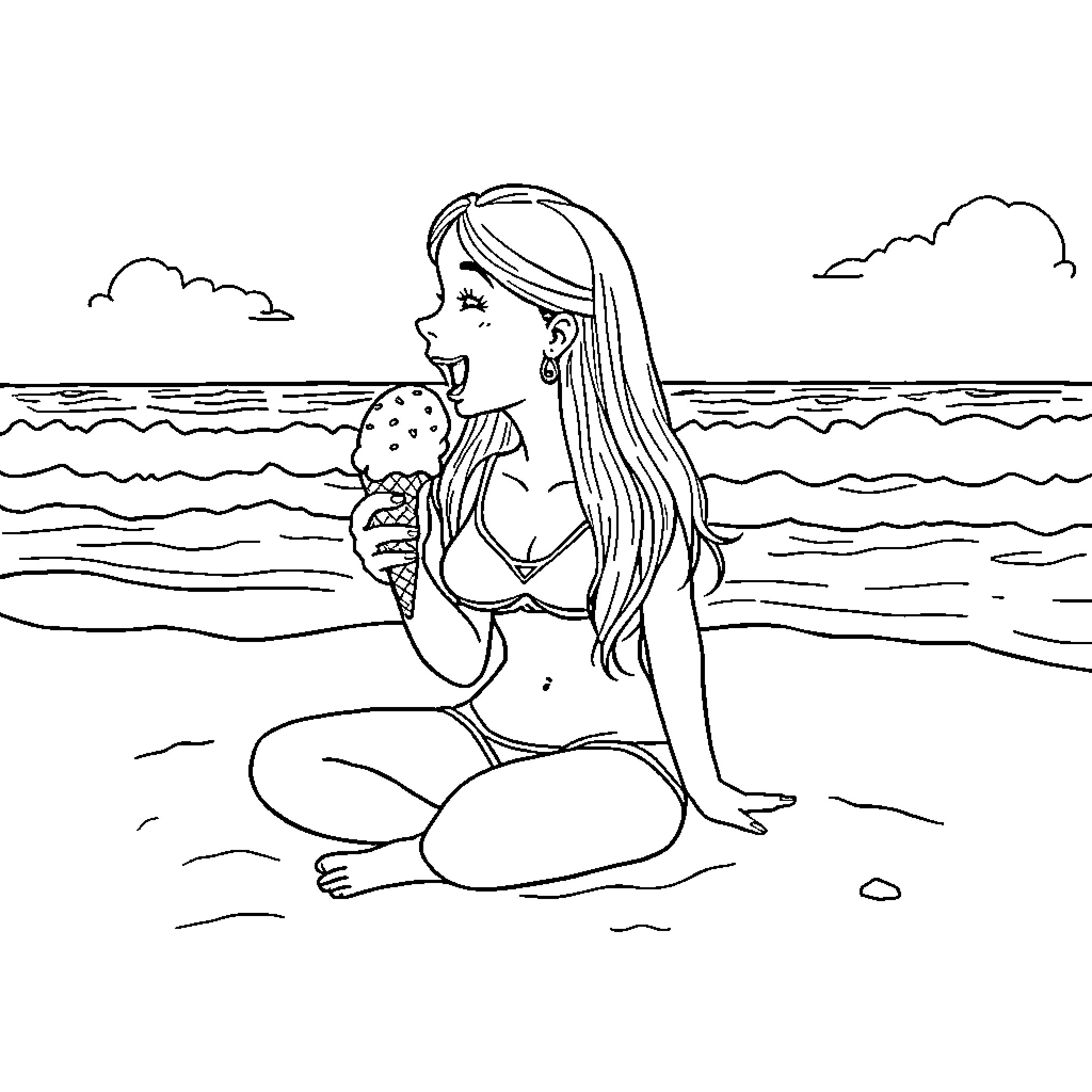 Sydney Sweeney relaxing by the sea Coloring Page (free black-and-white line drawing printable PDF for all, from beginners to advanced learners, including children, teens, adults, and seniors)