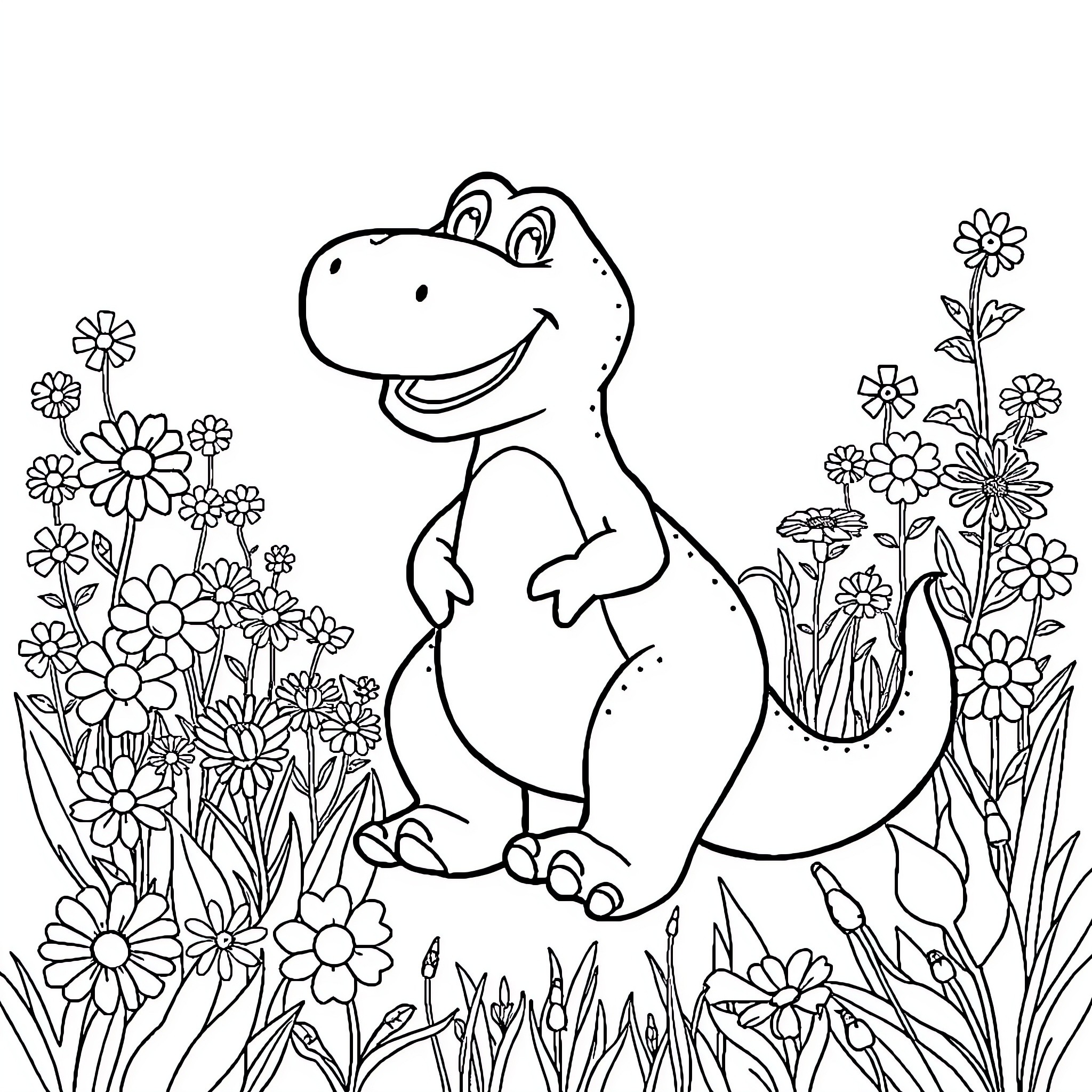 Barney exploring the colorful garden Coloring Page (free black-and-white line drawing printable PDF for all, from beginners to advanced learners, including children, teens, adults, and seniors)