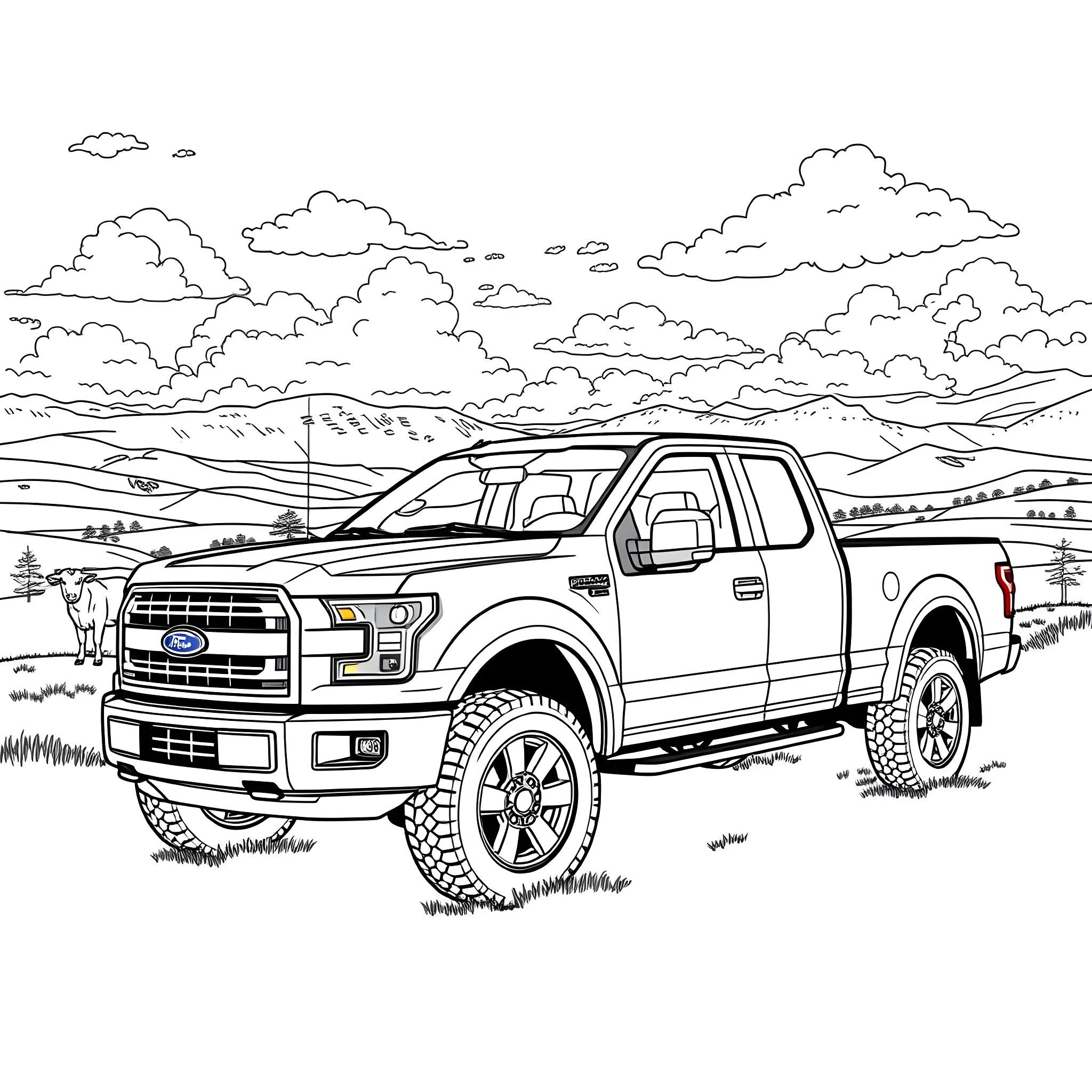 Pickup Truck on a Rugged Terrain Coloring Page (free black-and-white line drawing printable PDF for all, from beginners to advanced learners, including children, teens, adults, and seniors)
