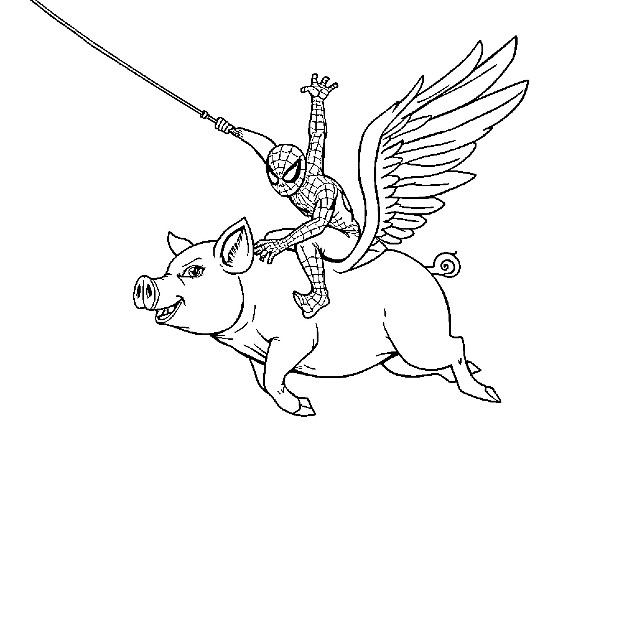 Spiderman riding a winged pig in action Coloring Page (free black-and-white line drawing printable PDF for all, from beginners to advanced learners, including children, teens, adults, and seniors)