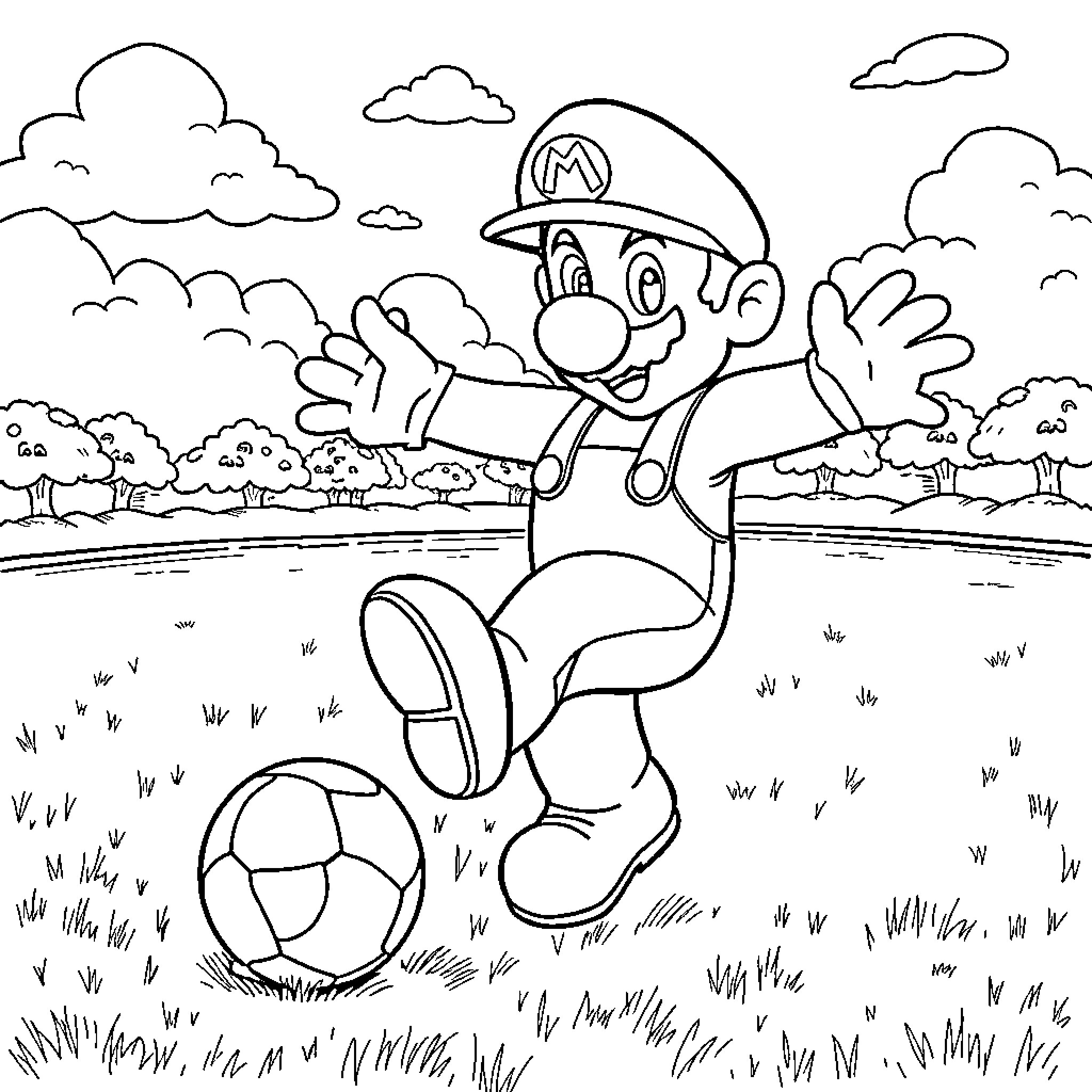 Mario celebrating with a soccer ball in the park Coloring Page (free black-and-white line drawing printable PDF for all, from beginners to advanced learners, including children, teens, adults, and seniors)
