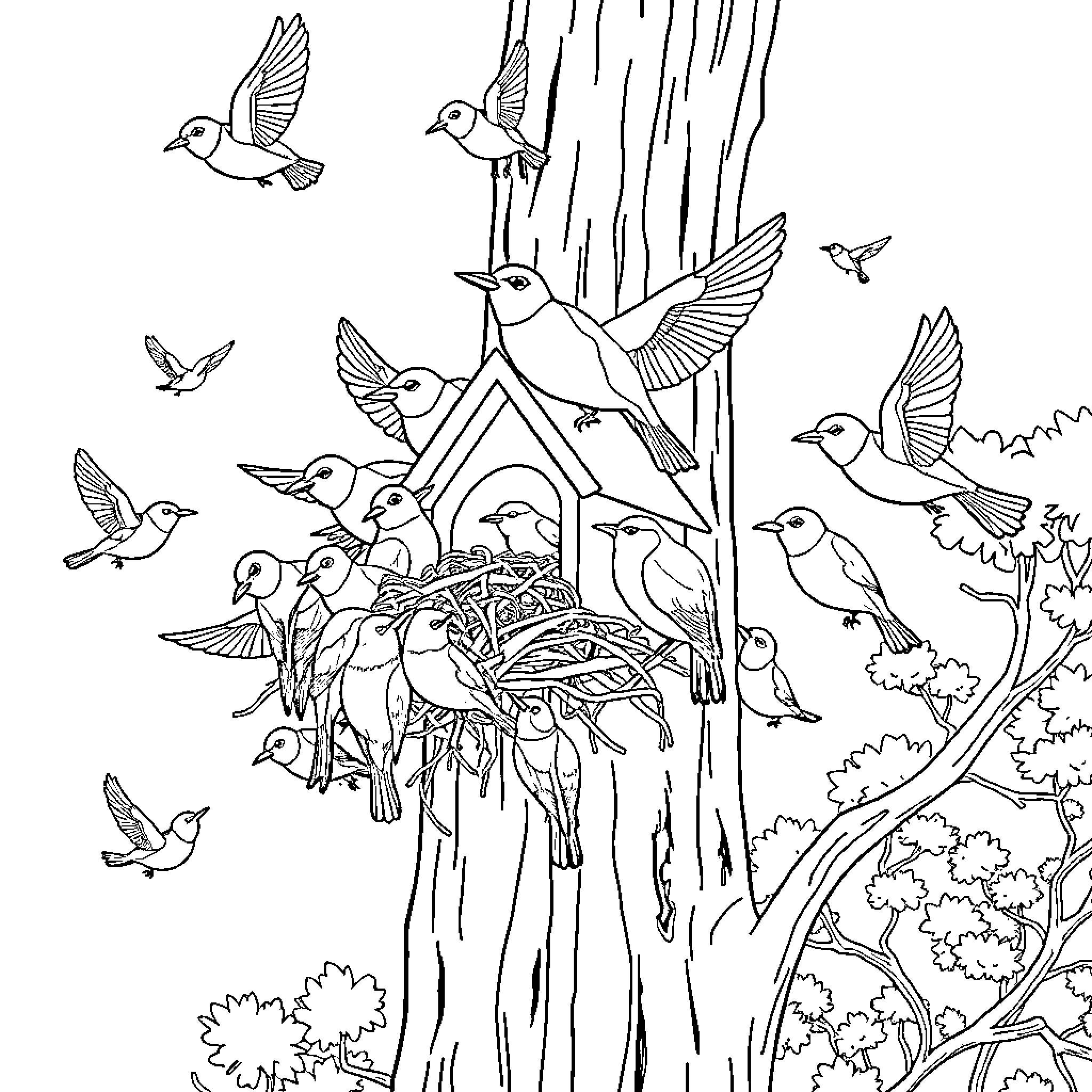 Bird Sanctuary with Nesting Birds Coloring Page (free black-and-white line drawing printable PDF for all, from beginners to advanced learners, including children, teens, adults, and seniors)