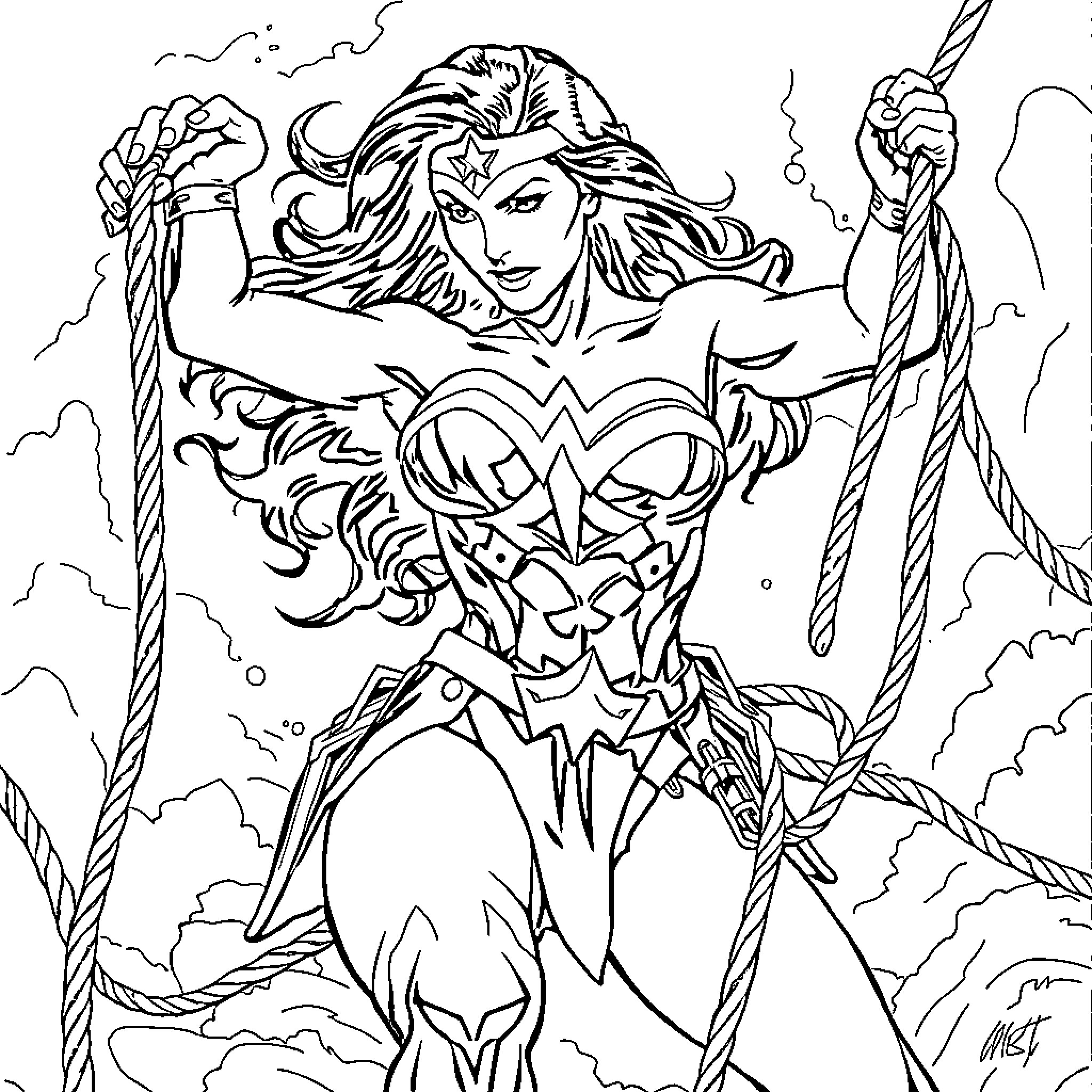 Wonder Woman Unleashing Her Heroic Power Coloring Page (free black-and-white line drawing printable PDF for all, from beginners to advanced learners, including children, teens, adults, and seniors)
