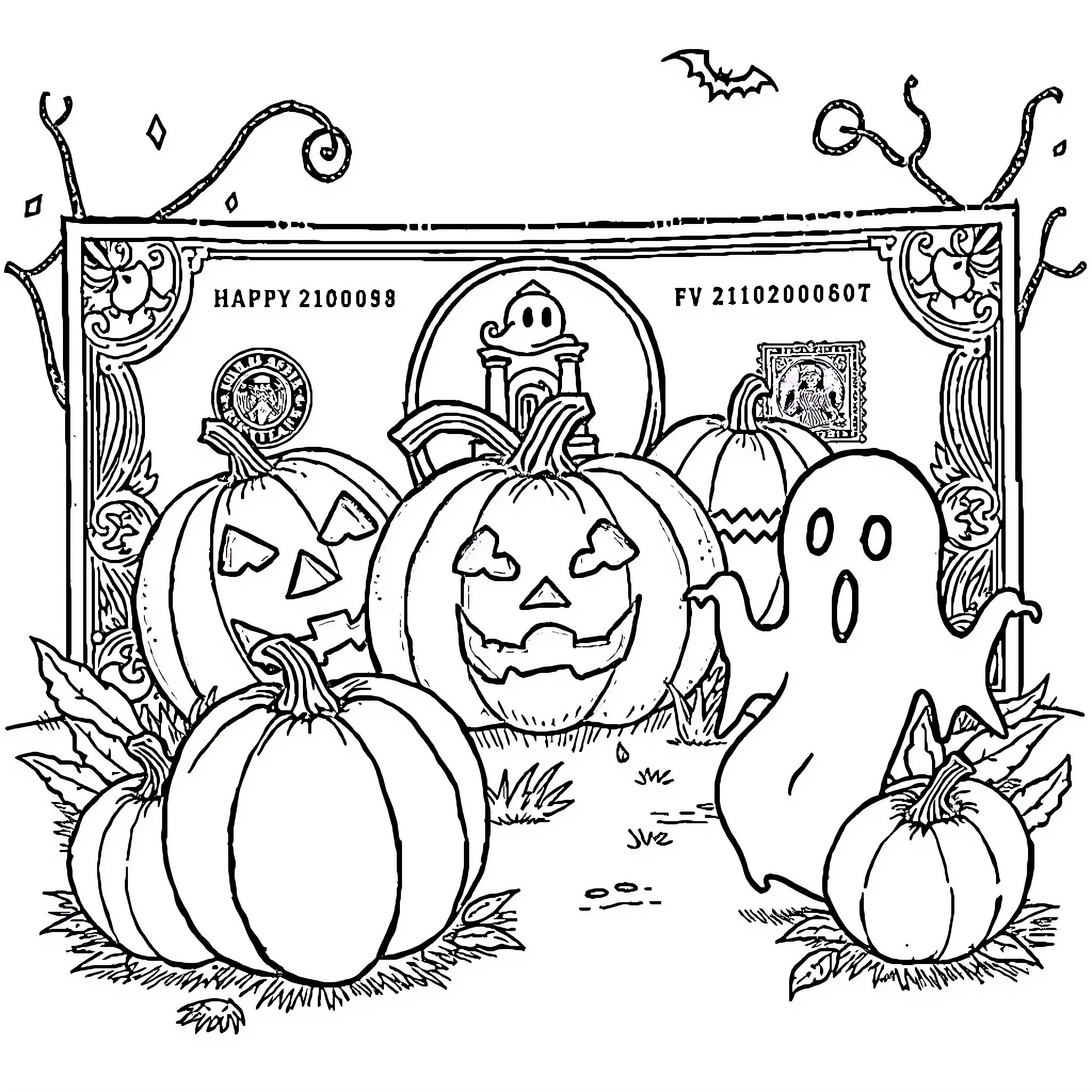 Money for Halloween Festivities with Pumpkins and Ghosts Coloring Page (free black-and-white line drawing printable PDF for all, from beginners to advanced learners, including children, teens, adults, and seniors)