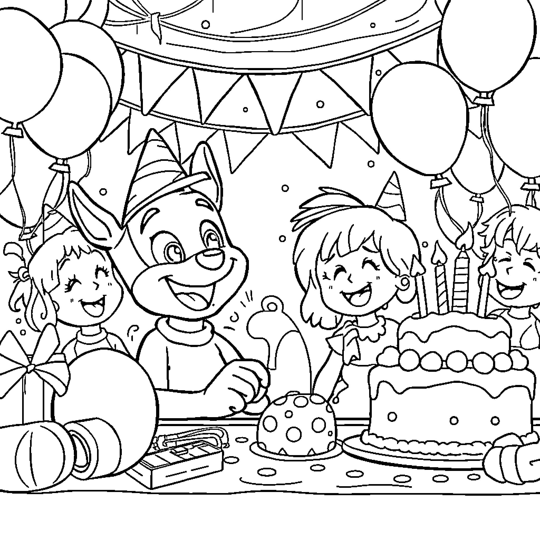 Chase a Celebration with Friends Coloring Page (free black-and-white line drawing printable PDF for all, from beginners to advanced learners, including children, teens, adults, and seniors)