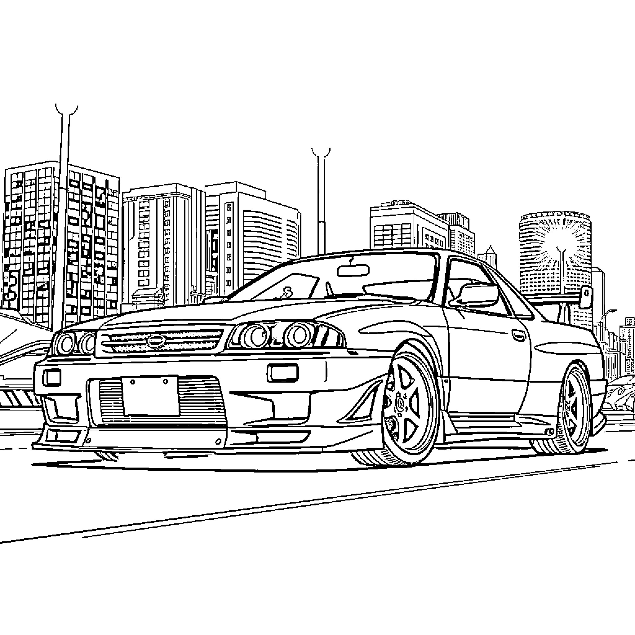 Nissan Skyline speeding through the city Coloring Page (free black-and-white line drawing printable PDF for all, from beginners to advanced learners, including children, teens, adults, and seniors)