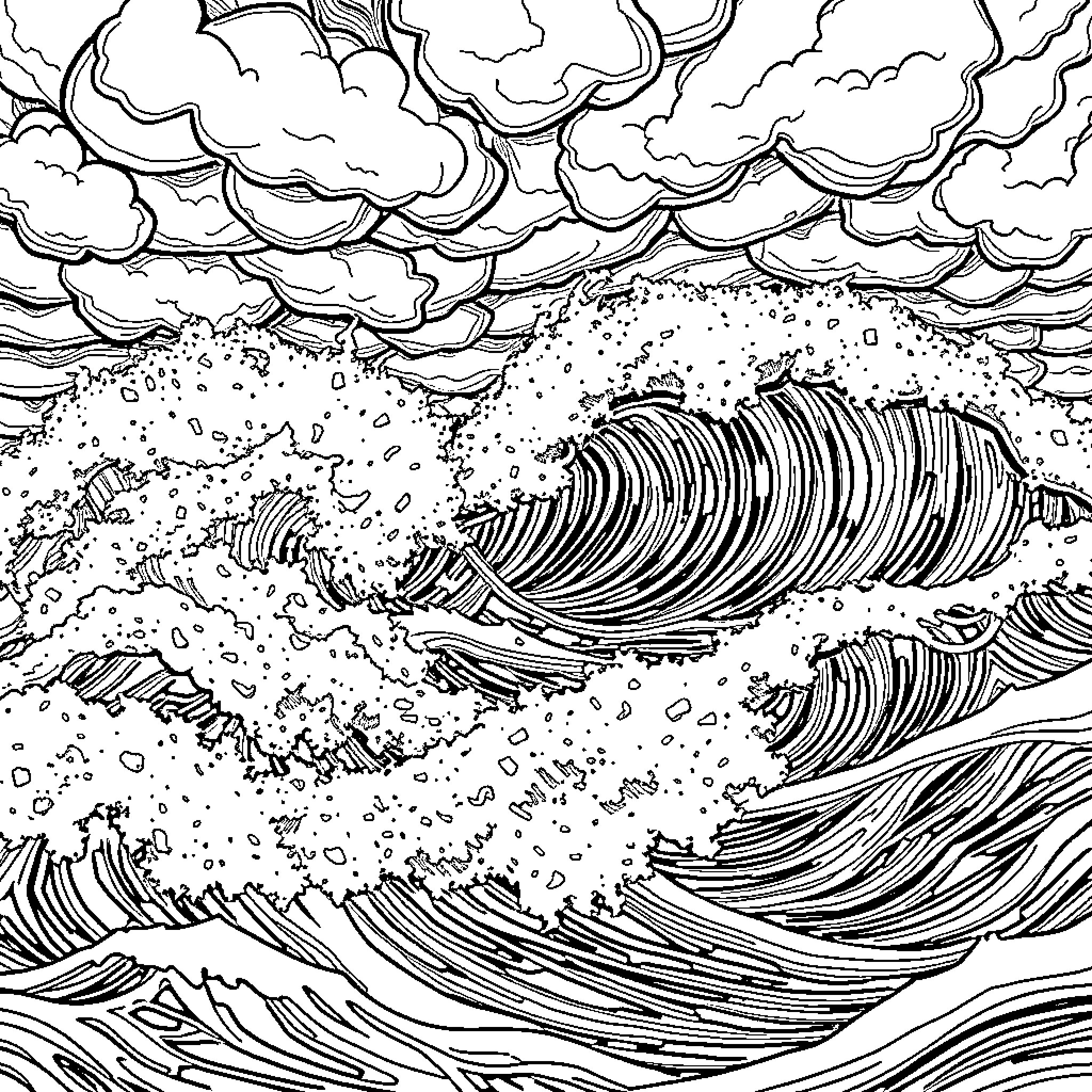 Ocean Storm Waves and Dramatic Clouds Coloring Page (free black-and-white line drawing printable PDF for all, from beginners to advanced learners, including children, teens, adults, and seniors)
