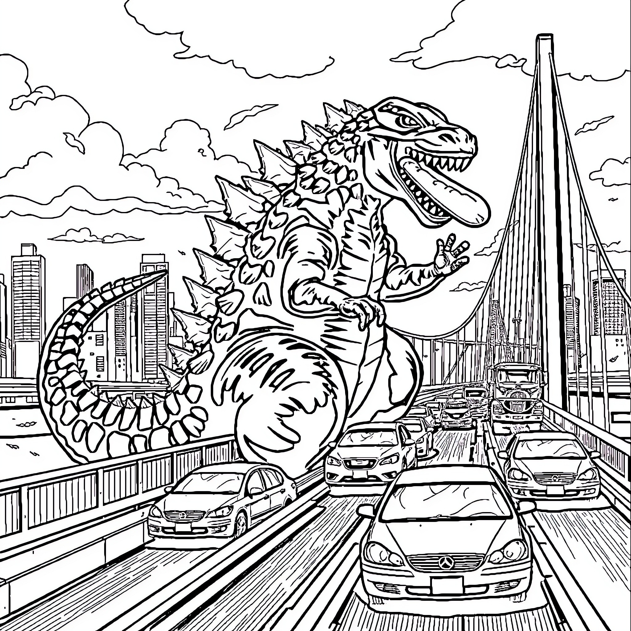 Godzilla rampaging through the city Coloring Page (free black-and-white line drawing printable PDF for all, from beginners to advanced learners, including children, teens, adults, and seniors)