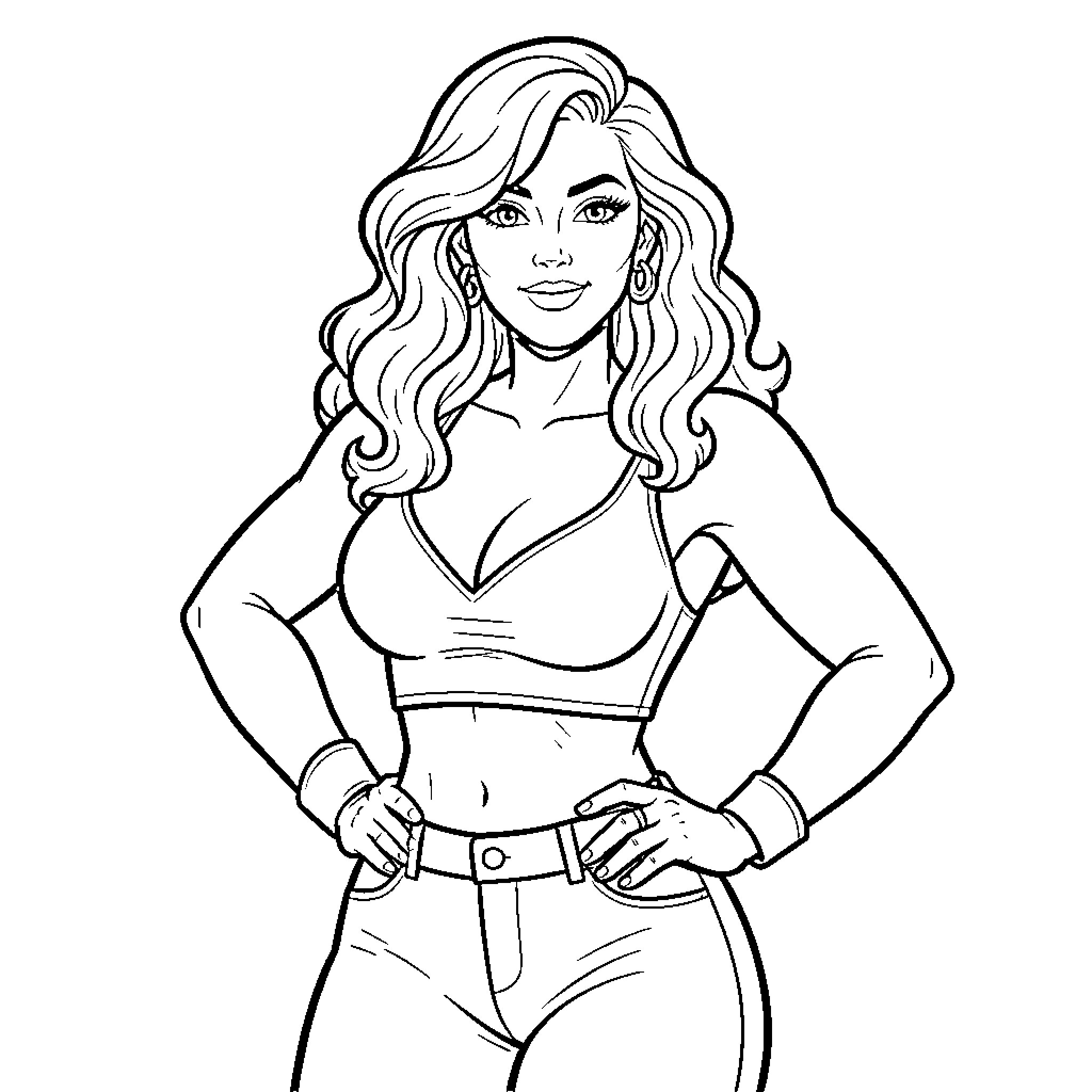 Woman posing confidently in casual outfit Coloring Page (free black-and-white line drawing printable PDF for all, from beginners to advanced learners, including children, teens, adults, and seniors)