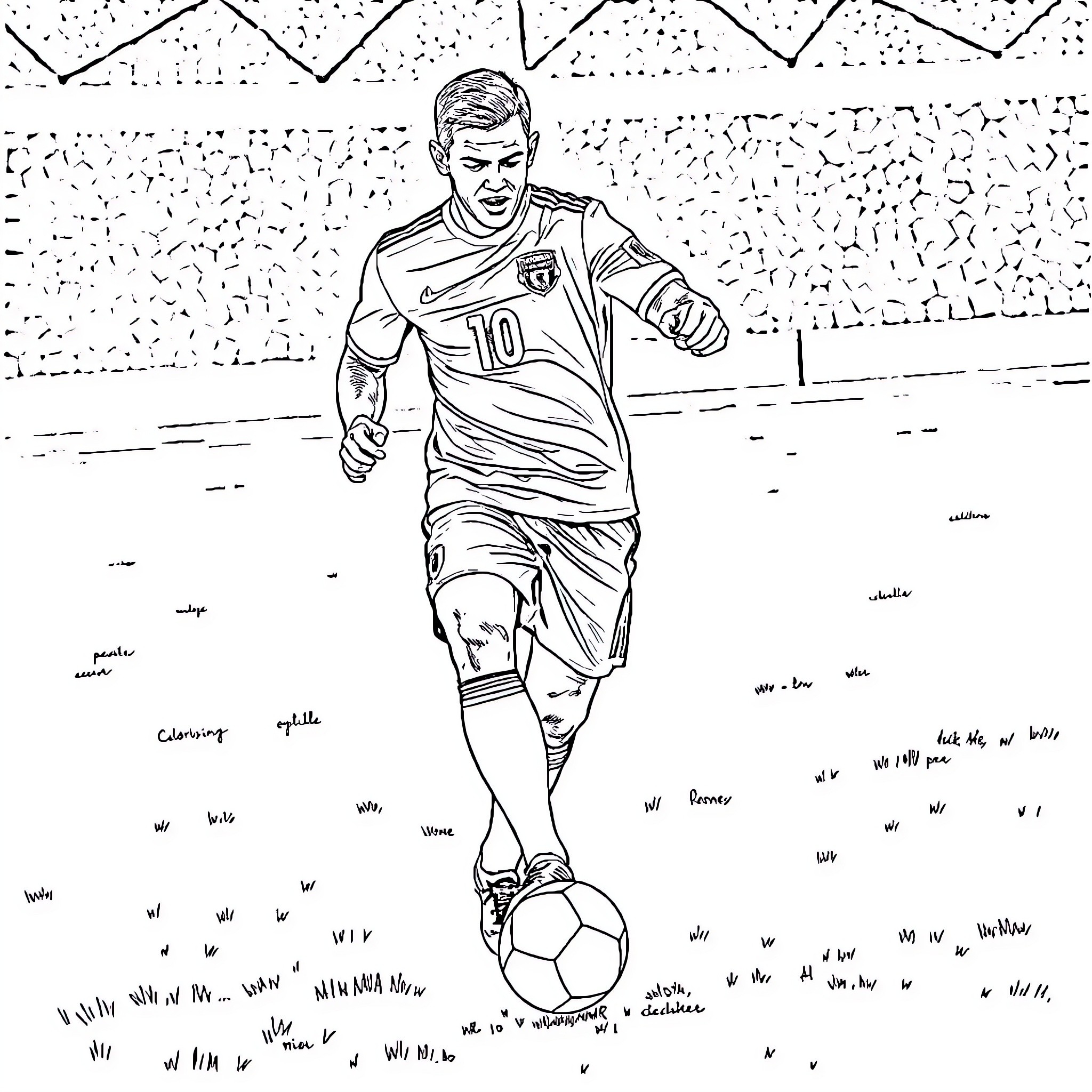 Rooney Kicking a Soccer Ball on the Field Coloring Page (free black-and-white line drawing printable PDF for all, from beginners to advanced learners, including children, teens, adults, and seniors)