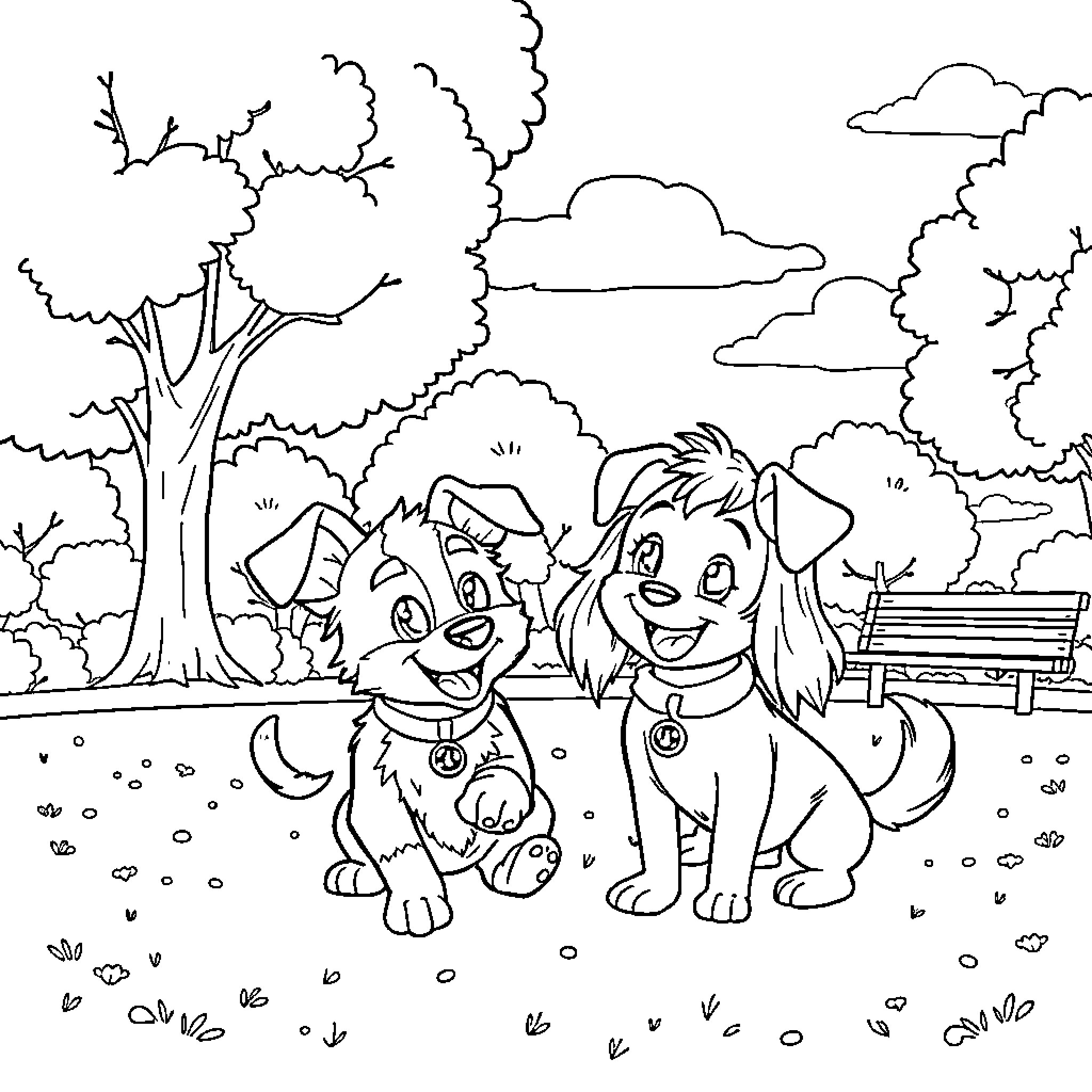 Bluey and friends explore the park happily Coloring Page (free black-and-white line drawing printable PDF for all, from beginners to advanced learners, including children, teens, adults, and seniors)