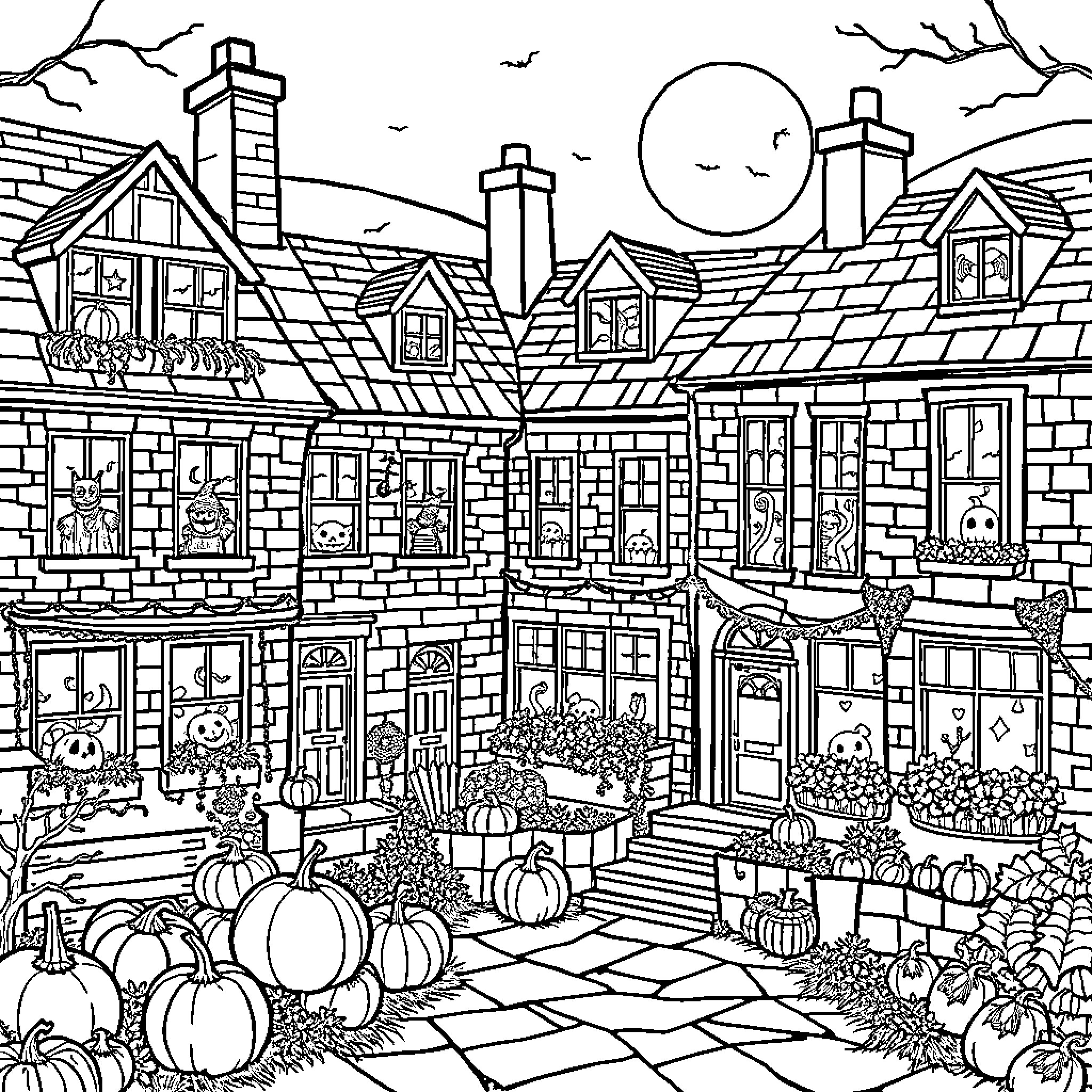 Town with Halloween-themed decorations and activities Coloring Page (free black-and-white line drawing printable PDF for all, from beginners to advanced learners, including children, teens, adults, and seniors)