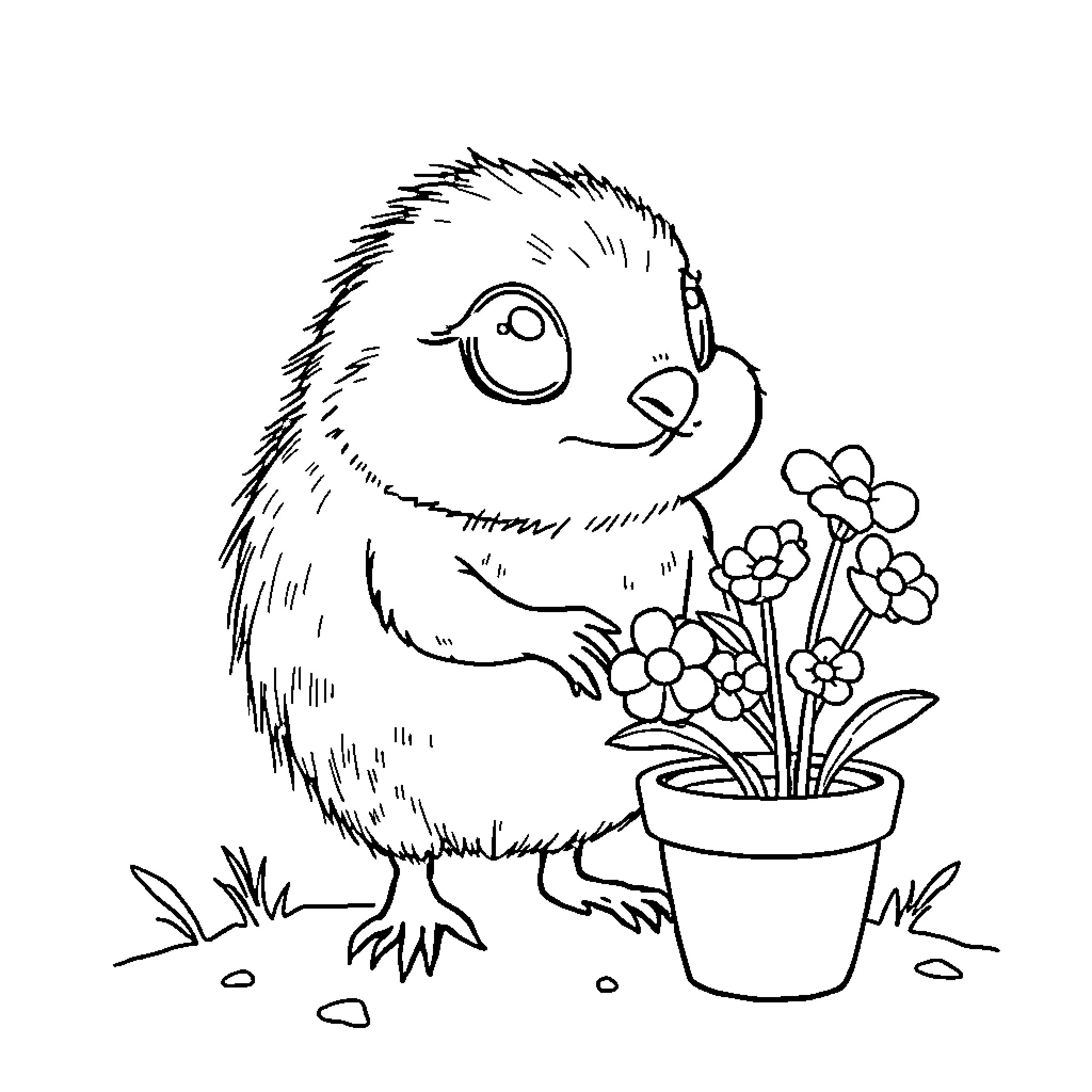 Talking Hand Tending to Potted Flowers Coloring Page (free black-and-white line drawing printable PDF for all, from beginners to advanced learners, including children, teens, adults, and seniors)