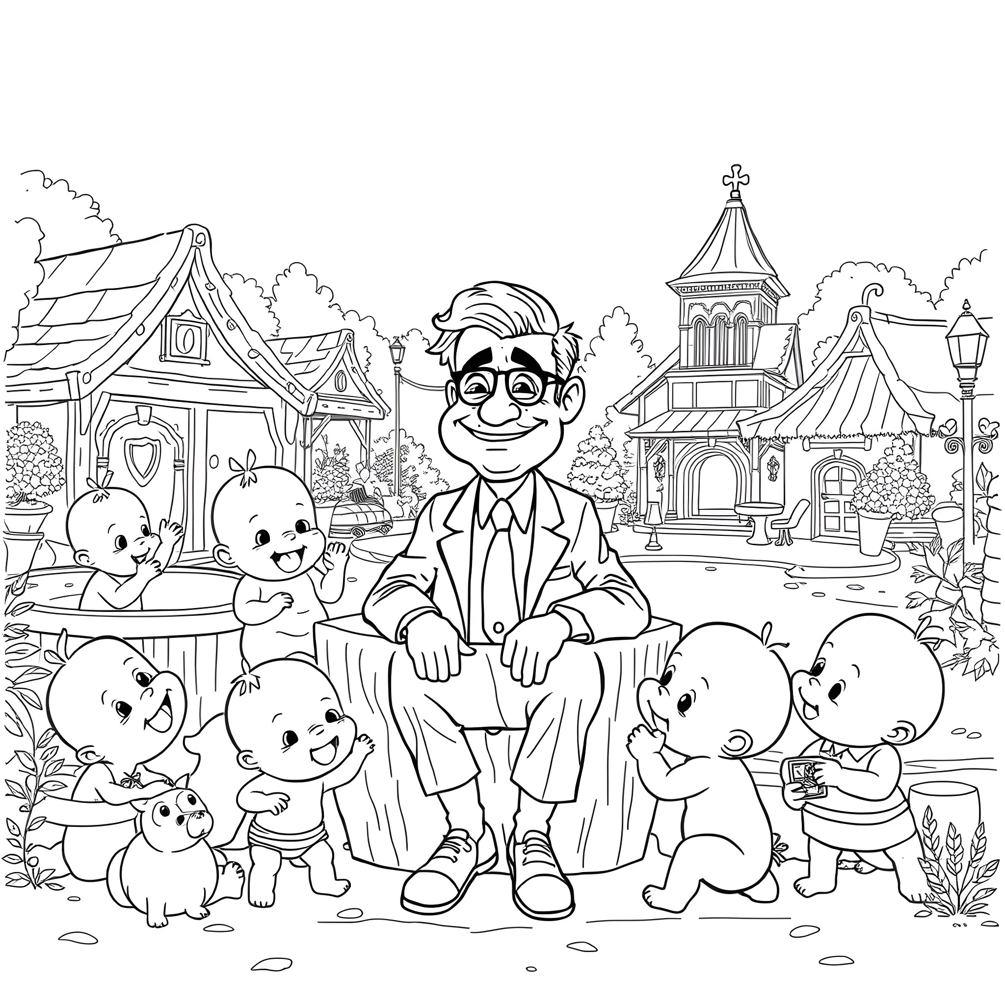Donald Trump surrounded by cute cartoon characters in a whimsical village scene Coloring Page (free black-and-white line drawing printable PDF for all, from beginners to advanced learners, including children, teens, adults, and seniors)