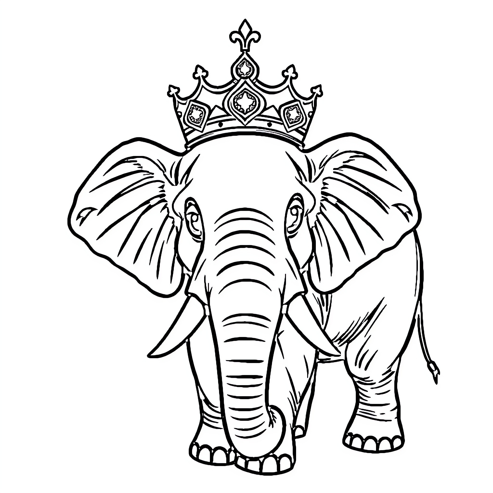 Elephant with a Crown and Regal Posture Coloring Page (free black-and-white line drawing printable PDF for all, from beginners to advanced learners, including children, teens, adults, and seniors)
