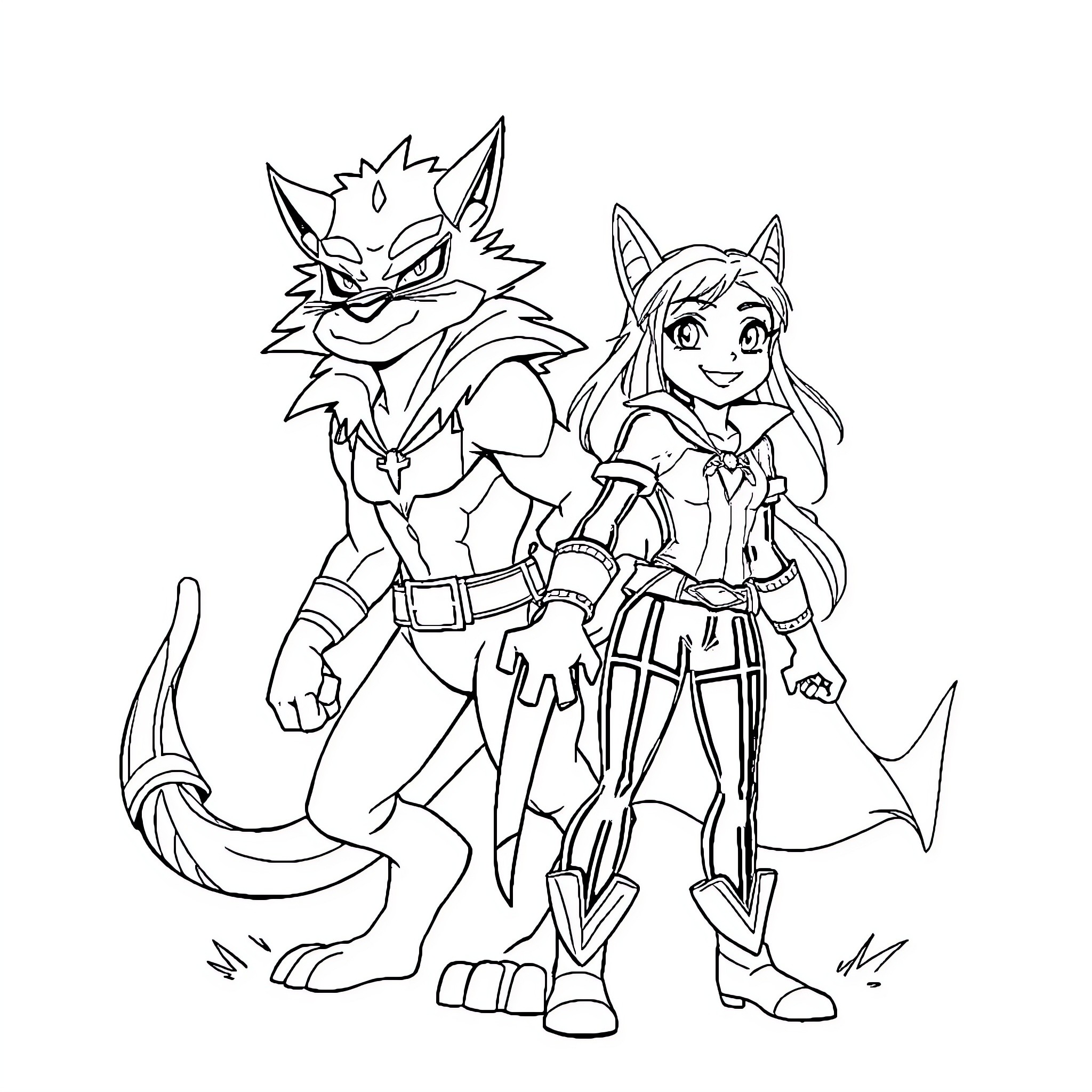 Zorro-inspired adventure with feline companions Coloring Page (free black-and-white line drawing printable PDF for all, from beginners to advanced learners, including children, teens, adults, and seniors)