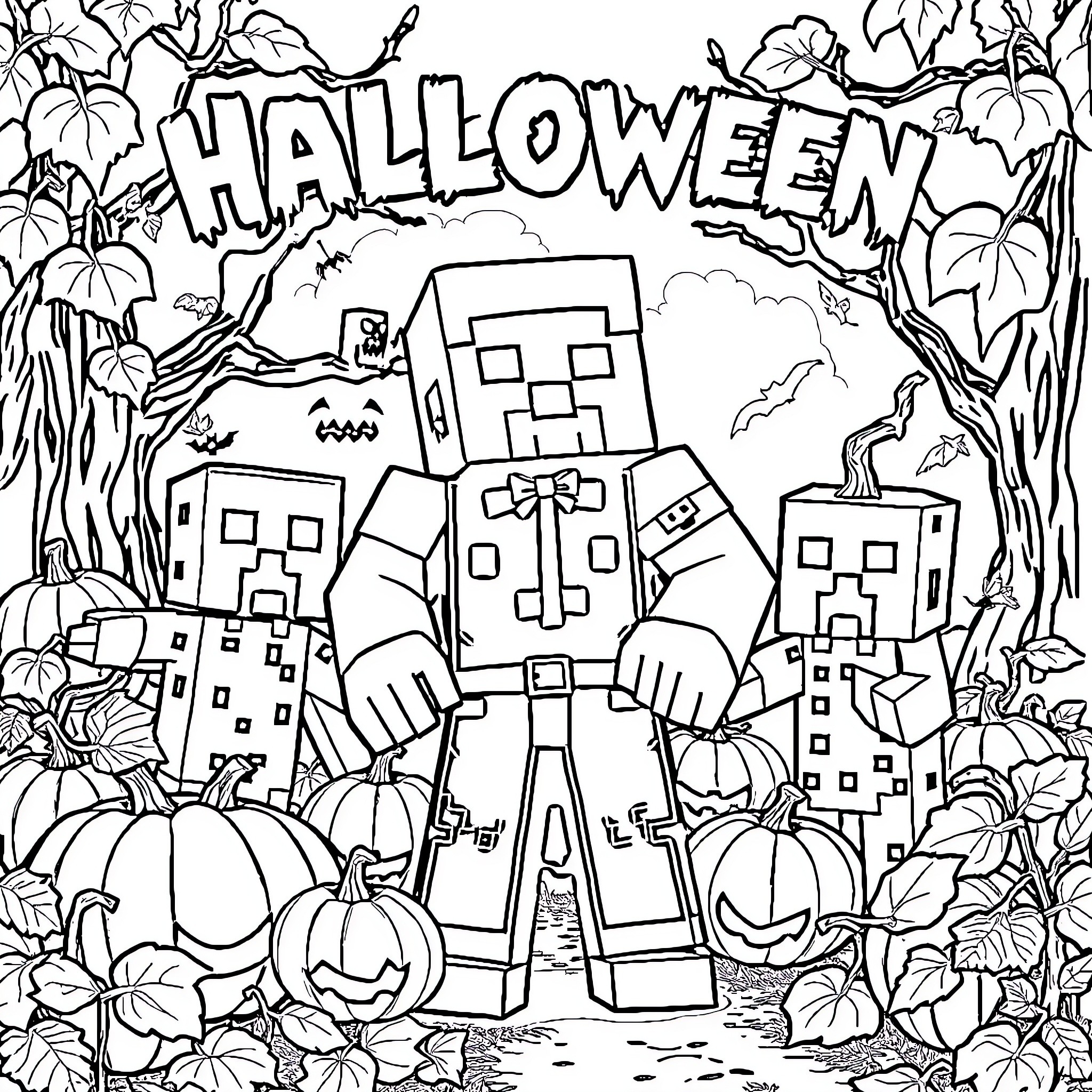 Minecraft Halloween Scene with Pumpkins and Skeletons Coloring Page (free black-and-white line drawing printable PDF for all, from beginners to advanced learners, including children, teens, adults, and seniors)