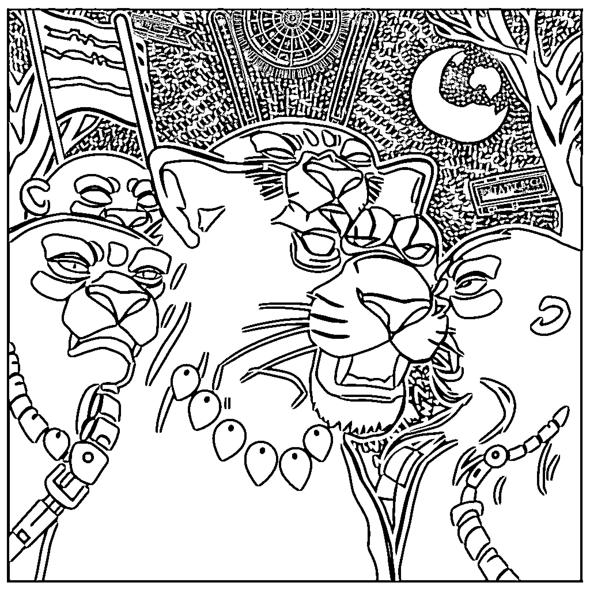 Panther in a Mystical Landscape Coloring Page (free black-and-white line drawing printable PDF for all, from beginners to advanced learners, including children, teens, adults, and seniors)