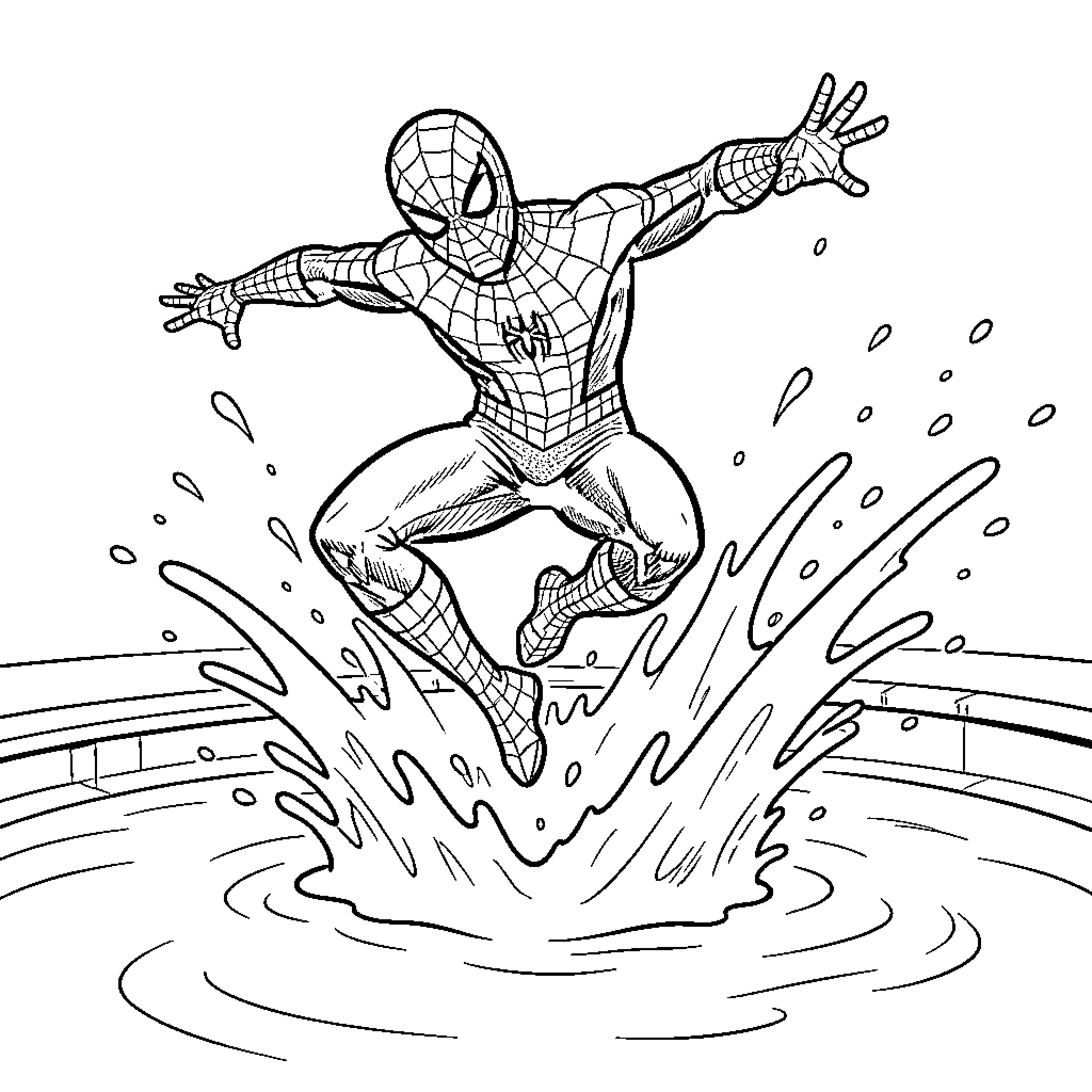 Spiderman leaping dynamically out of splashing water Coloring Page (free black-and-white line drawing printable PDF for all, from beginners to advanced learners, including children, teens, adults, and seniors)