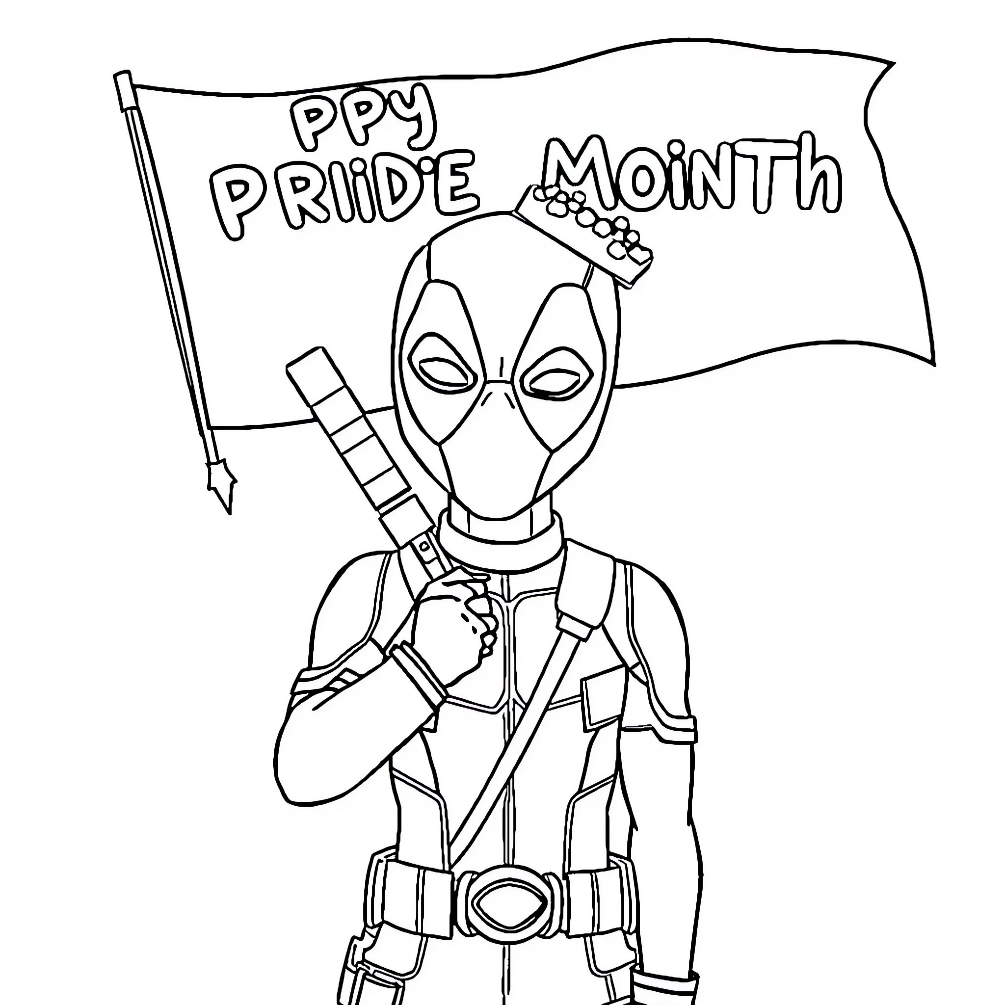 Deadpool celebrates Pride Month with flag Coloring Page (free black-and-white line drawing printable PDF for all, from beginners to advanced learners, including children, teens, adults, and seniors)