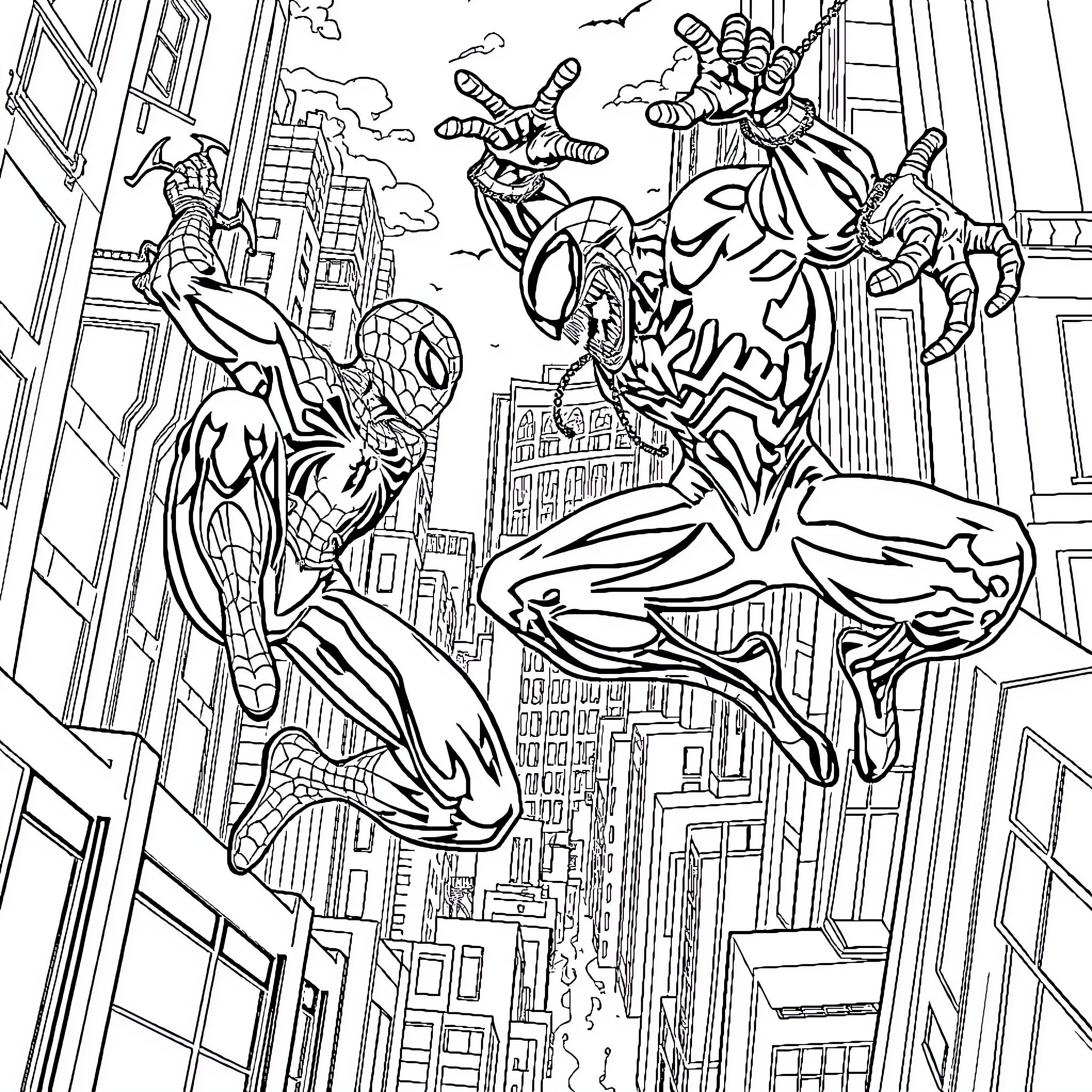 Spider-Man heroically swinging through the city Coloring Page (free black-and-white line drawing printable PDF for all, from beginners to advanced learners, including children, teens, adults, and seniors)