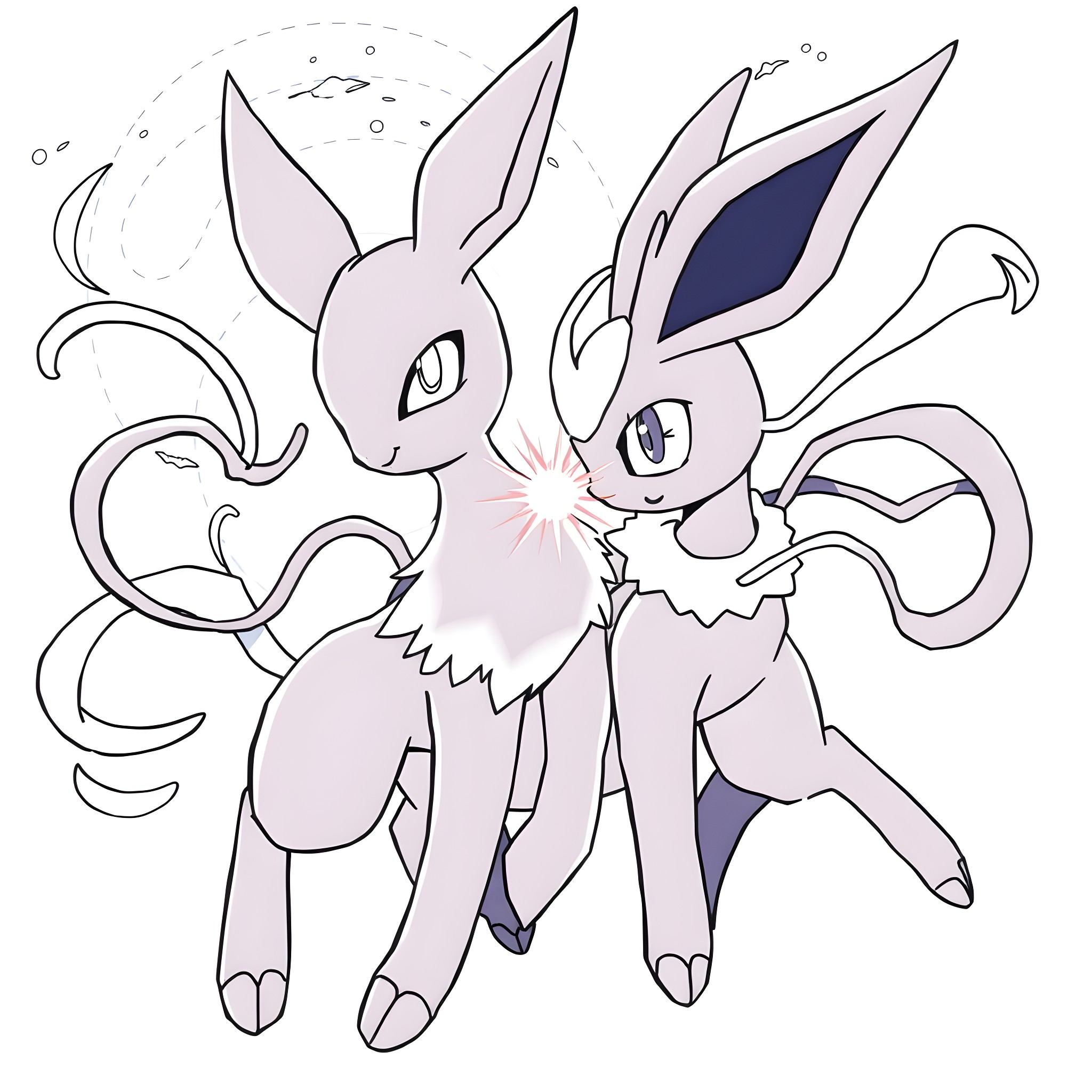 Umbreon and Espeon playing together Coloring Page (free black-and-white line drawing printable PDF for all, from beginners to advanced learners, including children, teens, adults, and seniors)
