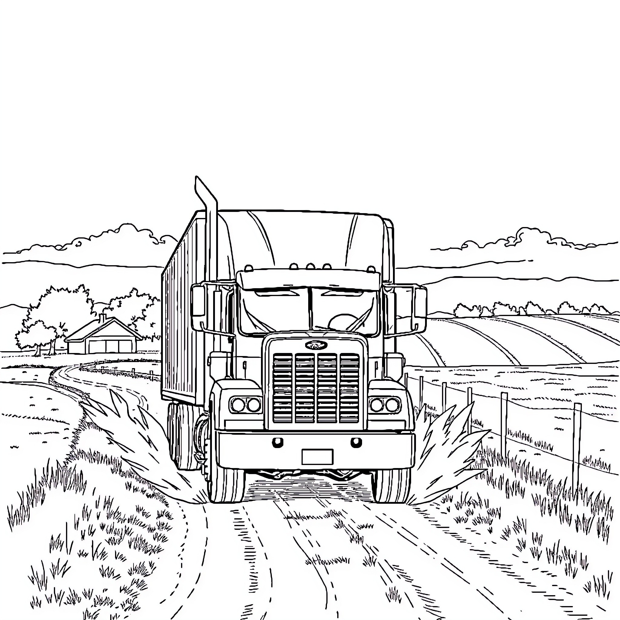 Semi-Truck Transporting Goods Through Rural Landscape Coloring Page (free black-and-white line drawing printable PDF for all, from beginners to advanced learners, including children, teens, adults, and seniors)