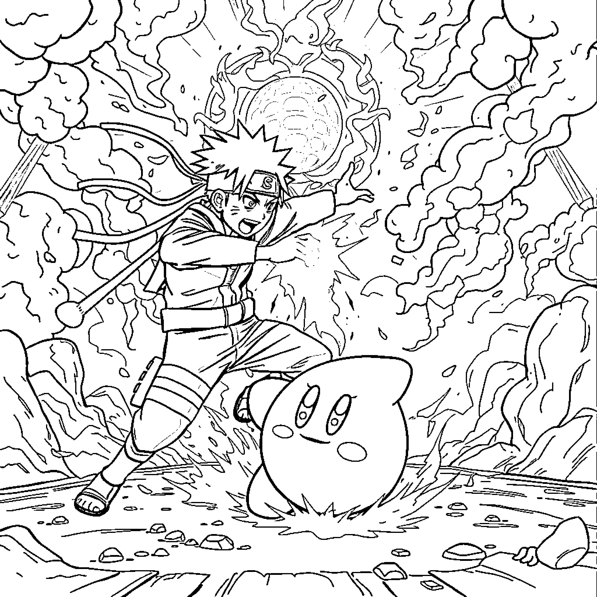 Naruto's Explosive Encounter with a Formidable Foe Coloring Page (free black-and-white line drawing printable PDF for all, from beginners to advanced learners, including children, teens, adults, and seniors)