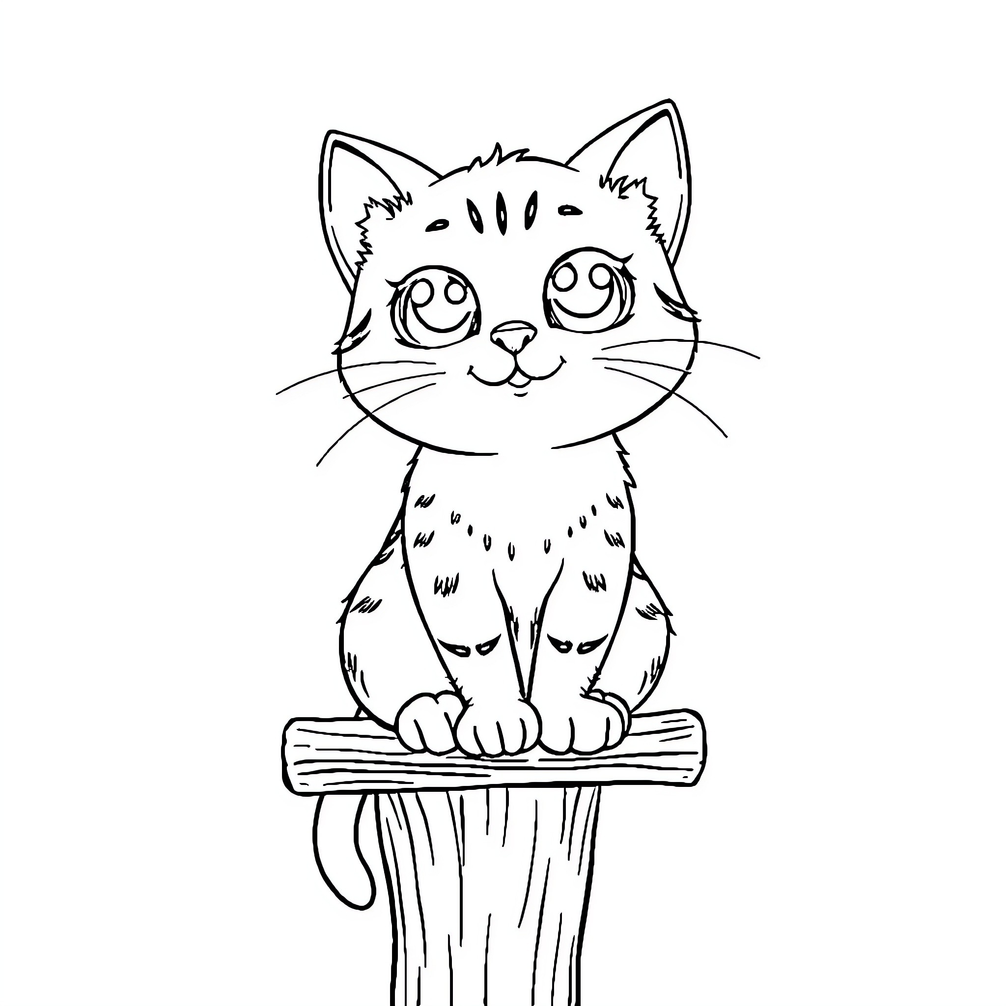 Cat sitting on a wooden post with a happy expression Coloring Page (free black-and-white line drawing printable PDF for all, from beginners to advanced learners, including children, teens, adults, and seniors)