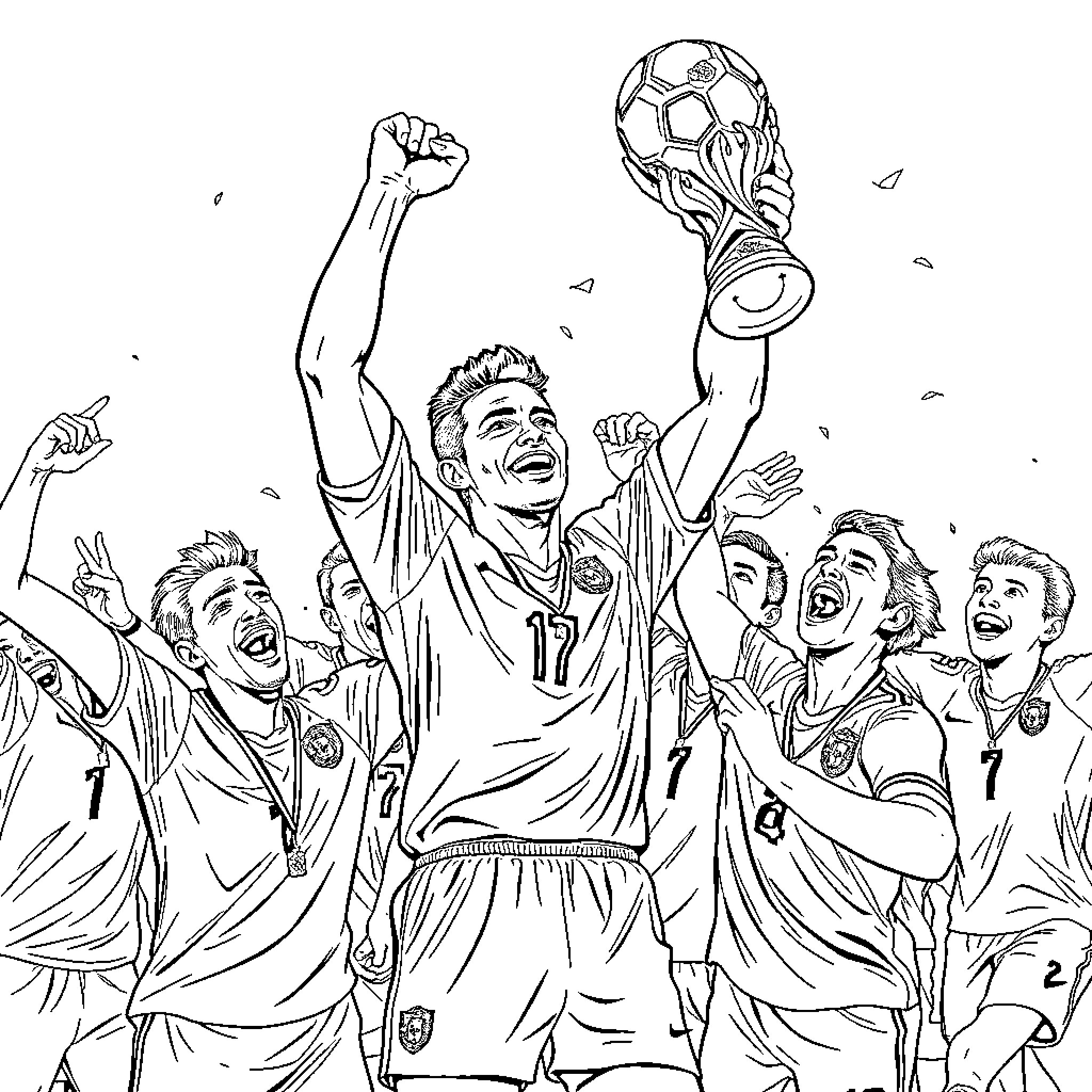 Ronaldo's victorious team celebration with the trophy Coloring Page (free black-and-white line drawing printable PDF for all, from beginners to advanced learners, including children, teens, adults, and seniors)