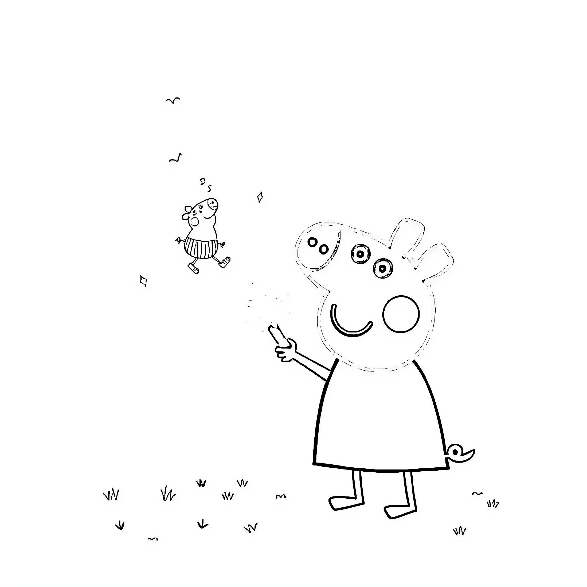 Peppa Pig playing with butterflies in the meadow Coloring Page (free black-and-white line drawing printable PDF for all, from beginners to advanced learners, including children, teens, adults, and seniors)