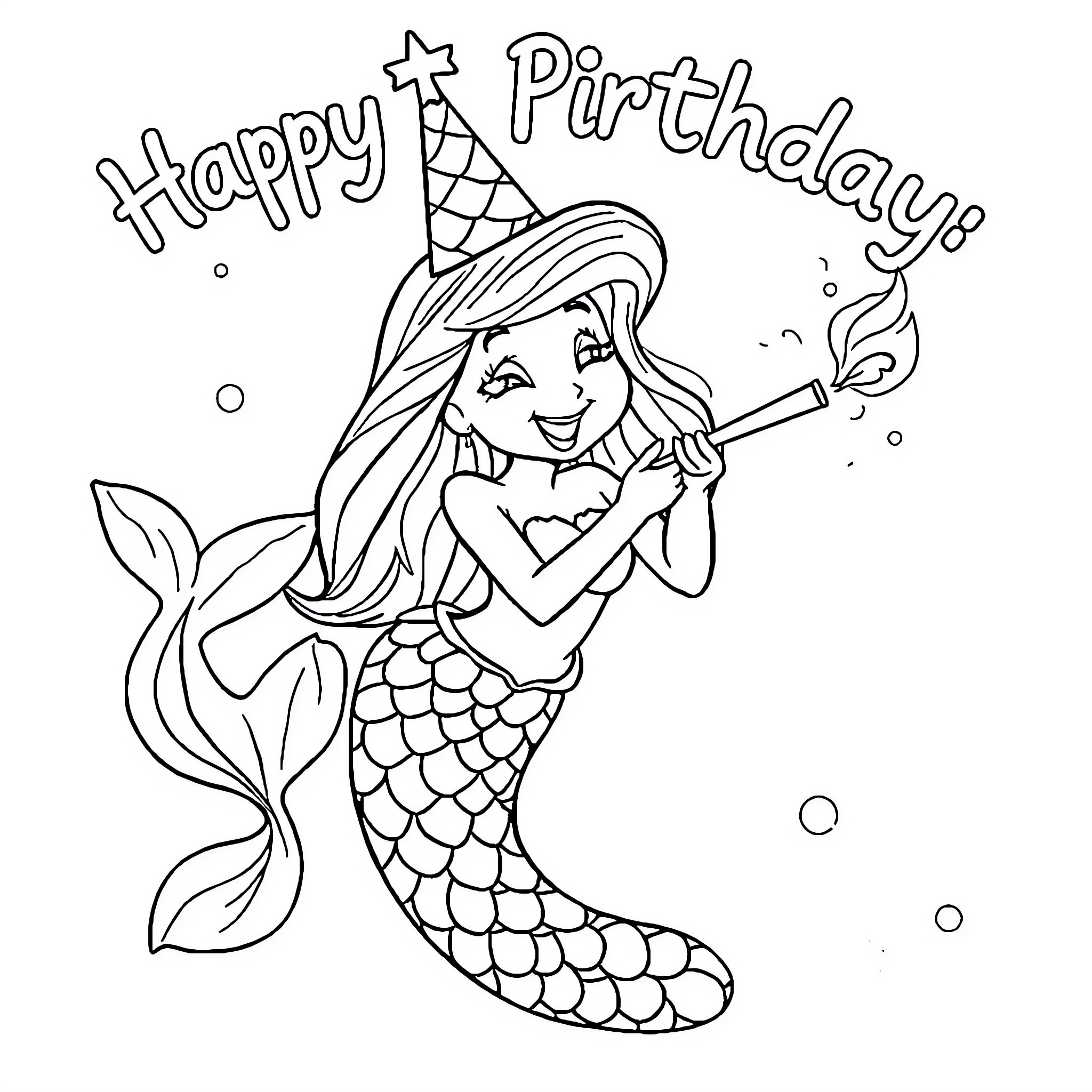 Mermaid celebrating her birthday with a party hat Coloring Page (free black-and-white line drawing printable PDF for all, from beginners to advanced learners, including children, teens, adults, and seniors)