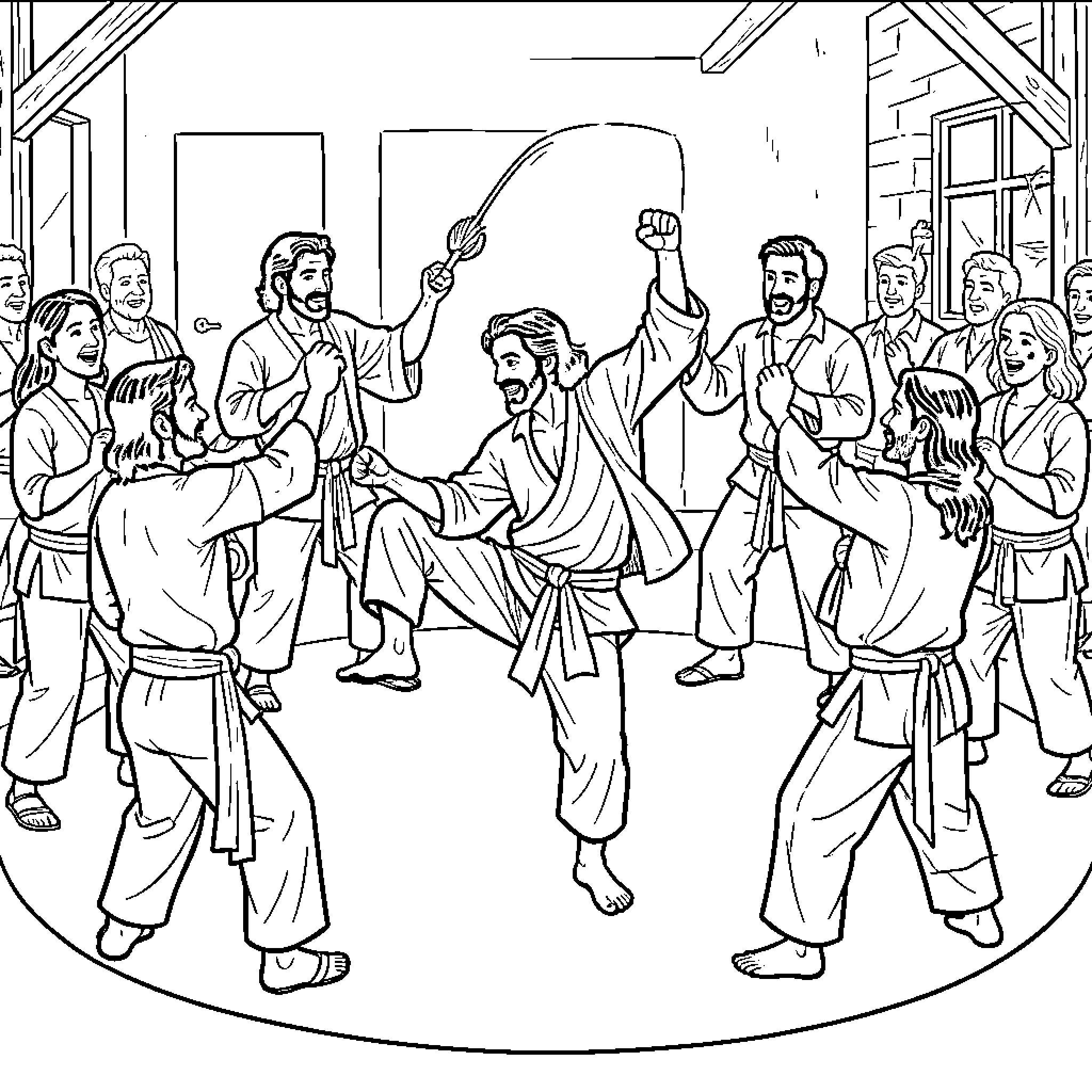 Jesucristo teaching martial arts to a group of followers Coloring Page (free black-and-white line drawing printable PDF for all, from beginners to advanced learners, including children, teens, adults, and seniors)