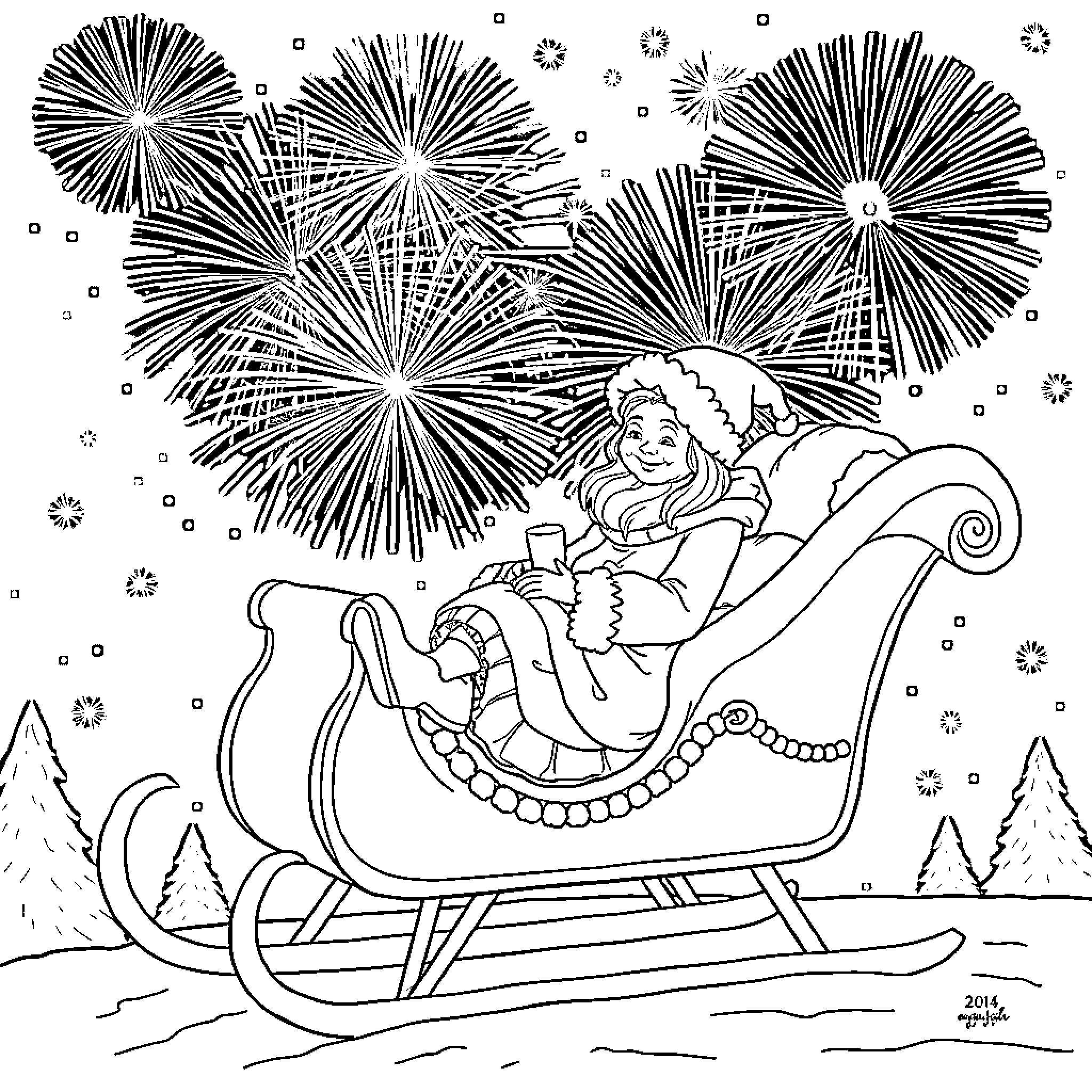 Mom enjoys fireworks display from cozy sleigh Coloring Page (free black-and-white line drawing printable PDF for all, from beginners to advanced learners, including children, teens, adults, and seniors)