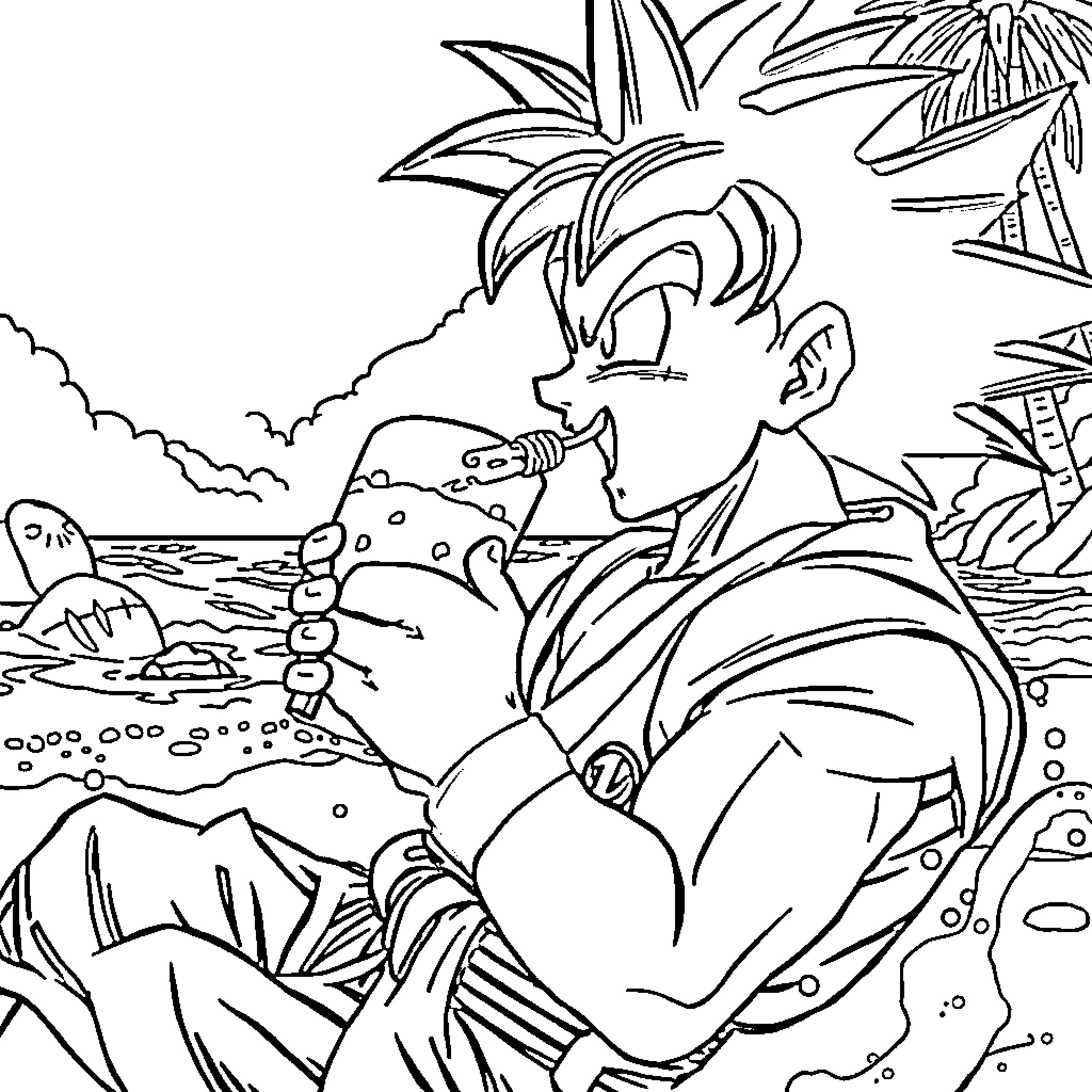 Goku in an epic battle pose on a tropical beach Coloring Page (free black-and-white line drawing printable PDF for all, from beginners to advanced learners, including children, teens, adults, and seniors)