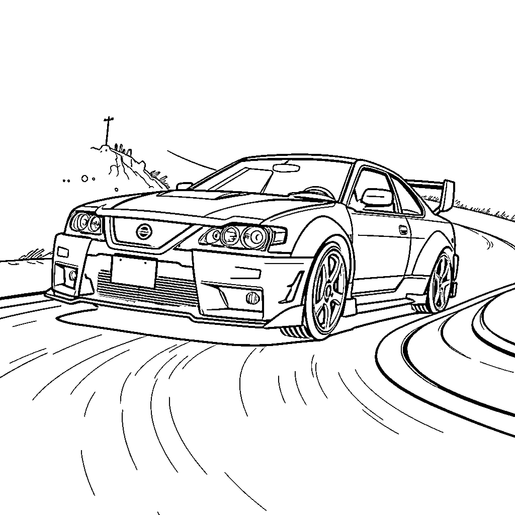 Nissan sports car racing on winding road Coloring Page (free black-and-white line drawing printable PDF for all, from beginners to advanced learners, including children, teens, adults, and seniors)