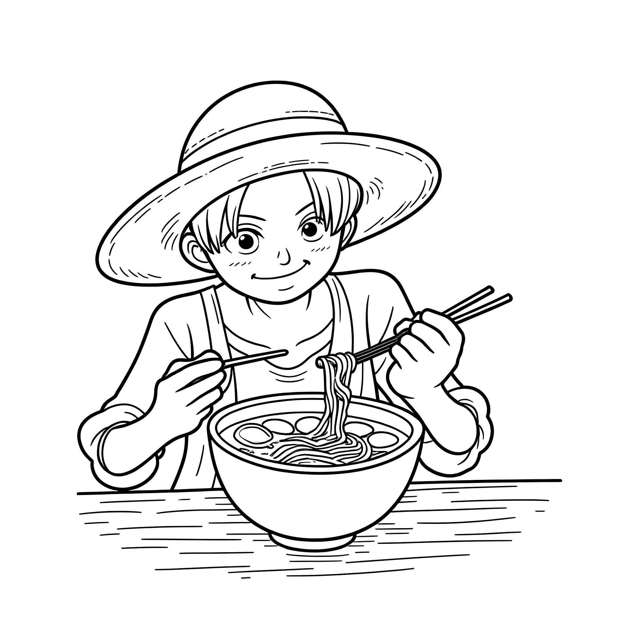 Luffy enjoying a bowl of noodles Coloring Page (free black-and-white line drawing printable PDF for all, from beginners to advanced learners, including children, teens, adults, and seniors)