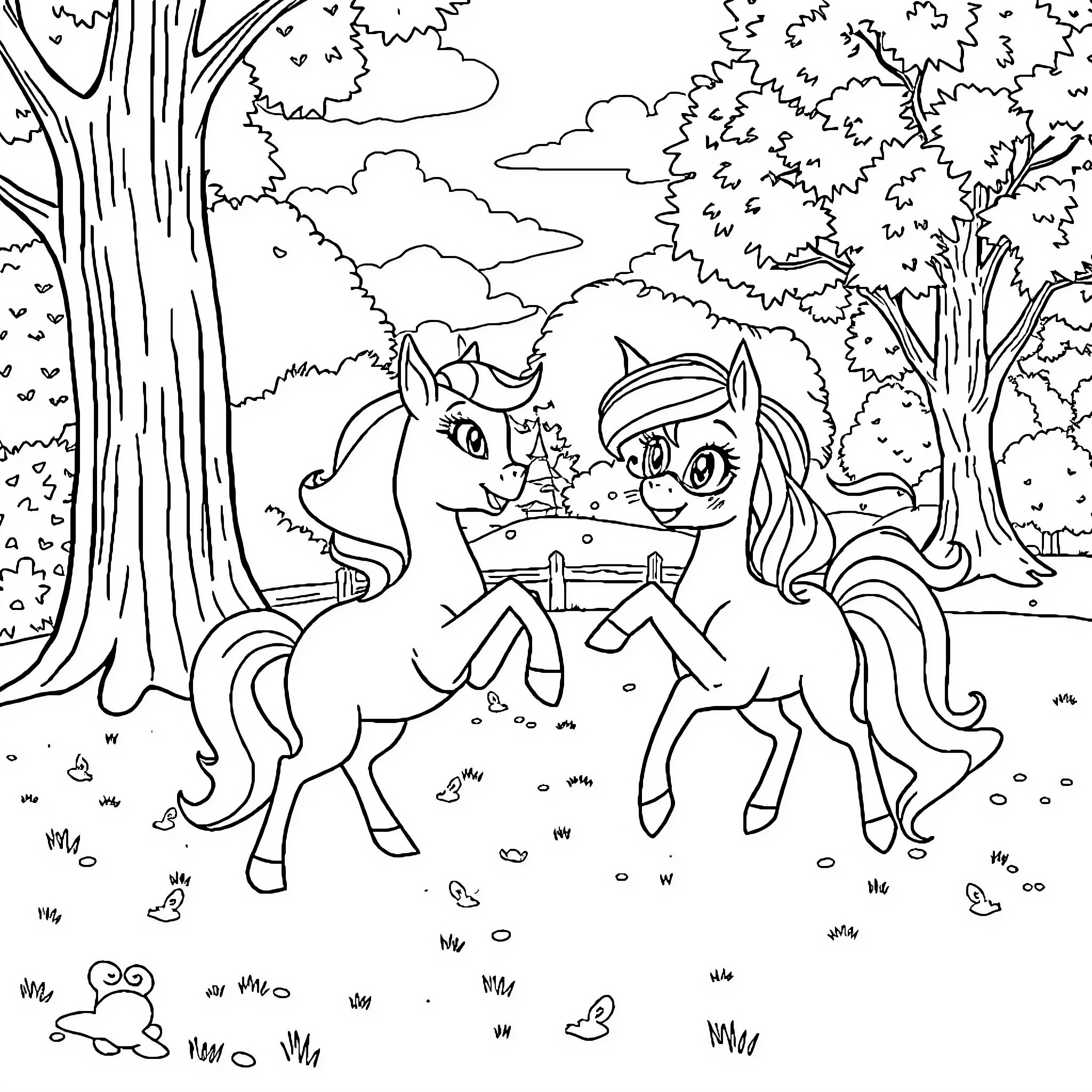 Luna's Enchanted Forest Playmates Coloring Page (free black-and-white line drawing printable PDF for all, from beginners to advanced learners, including children, teens, adults, and seniors)