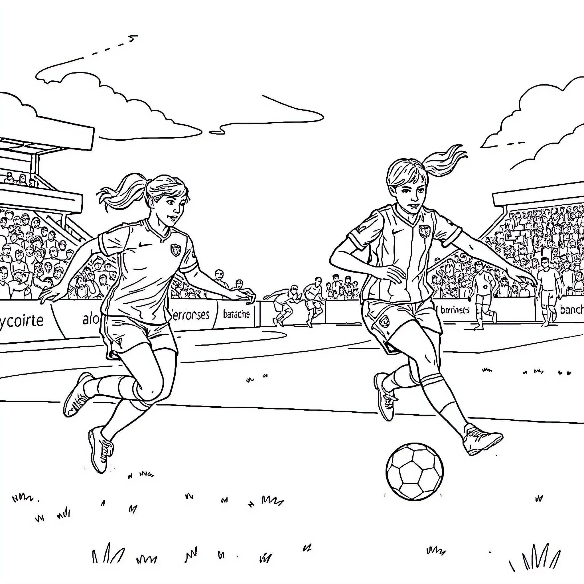 Nancy's Soccer Match Excitement Coloring Page (free black-and-white line drawing printable PDF for all, from beginners to advanced learners, including children, teens, adults, and seniors)