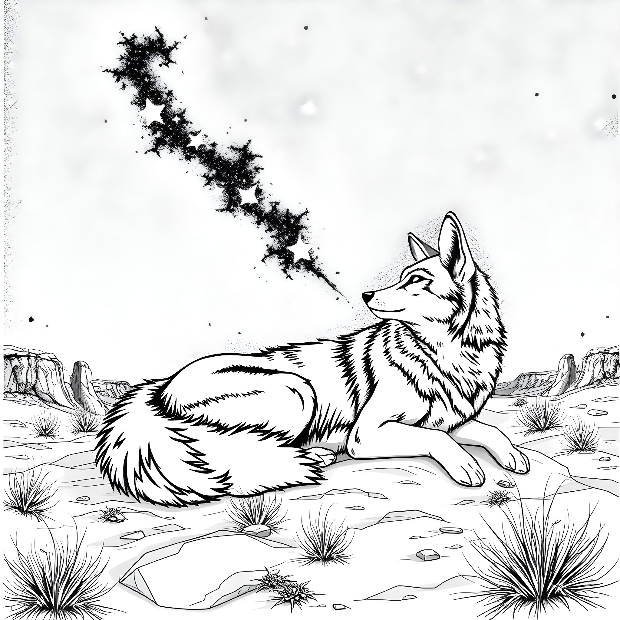 Coyote gazing at the night sky in the desert Coloring Page (free black-and-white line drawing printable PDF for all, from beginners to advanced learners, including children, teens, adults, and seniors)