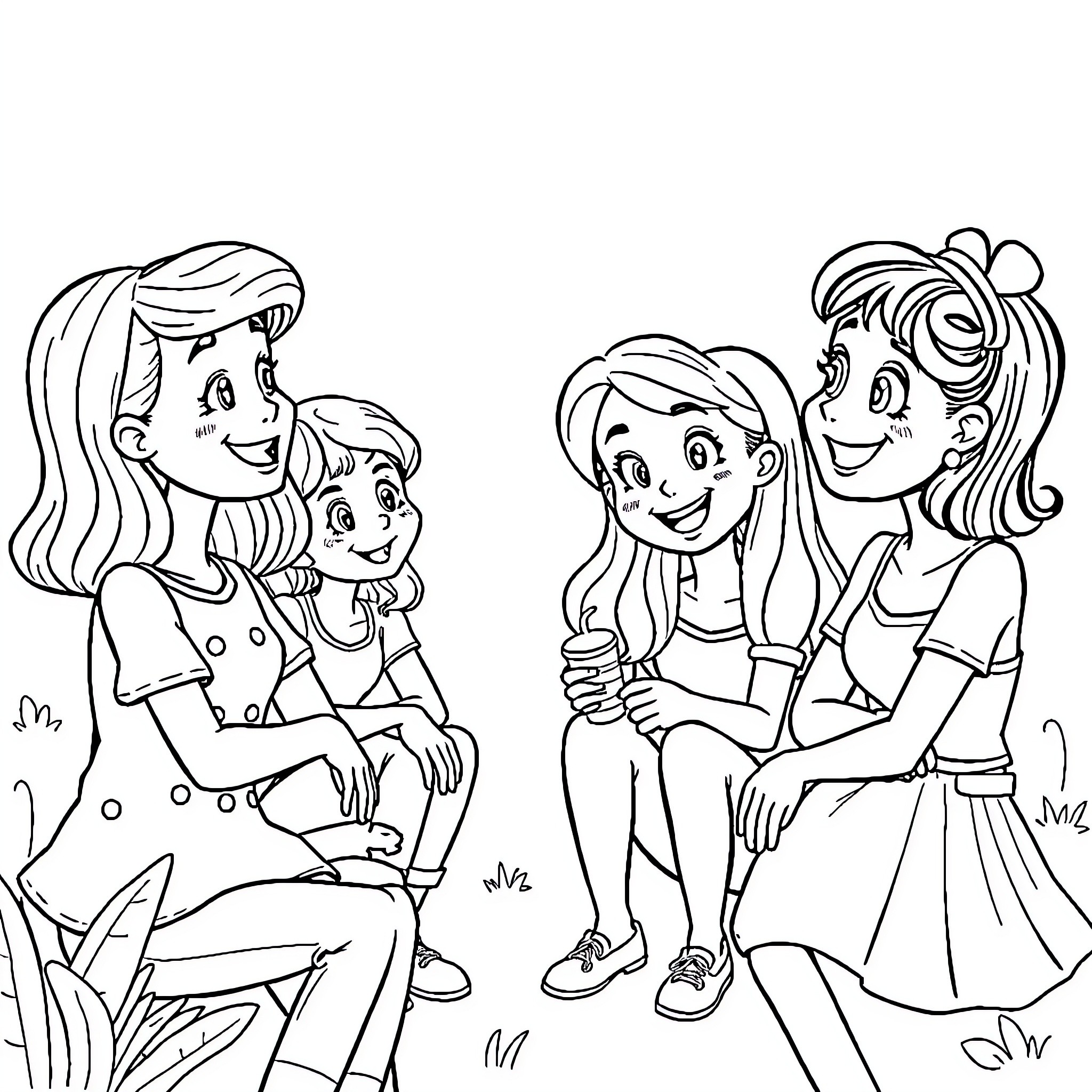 Gabby's Playful Day with Family Coloring Page (free black-and-white line drawing printable PDF for all, from beginners to advanced learners, including children, teens, adults, and seniors)